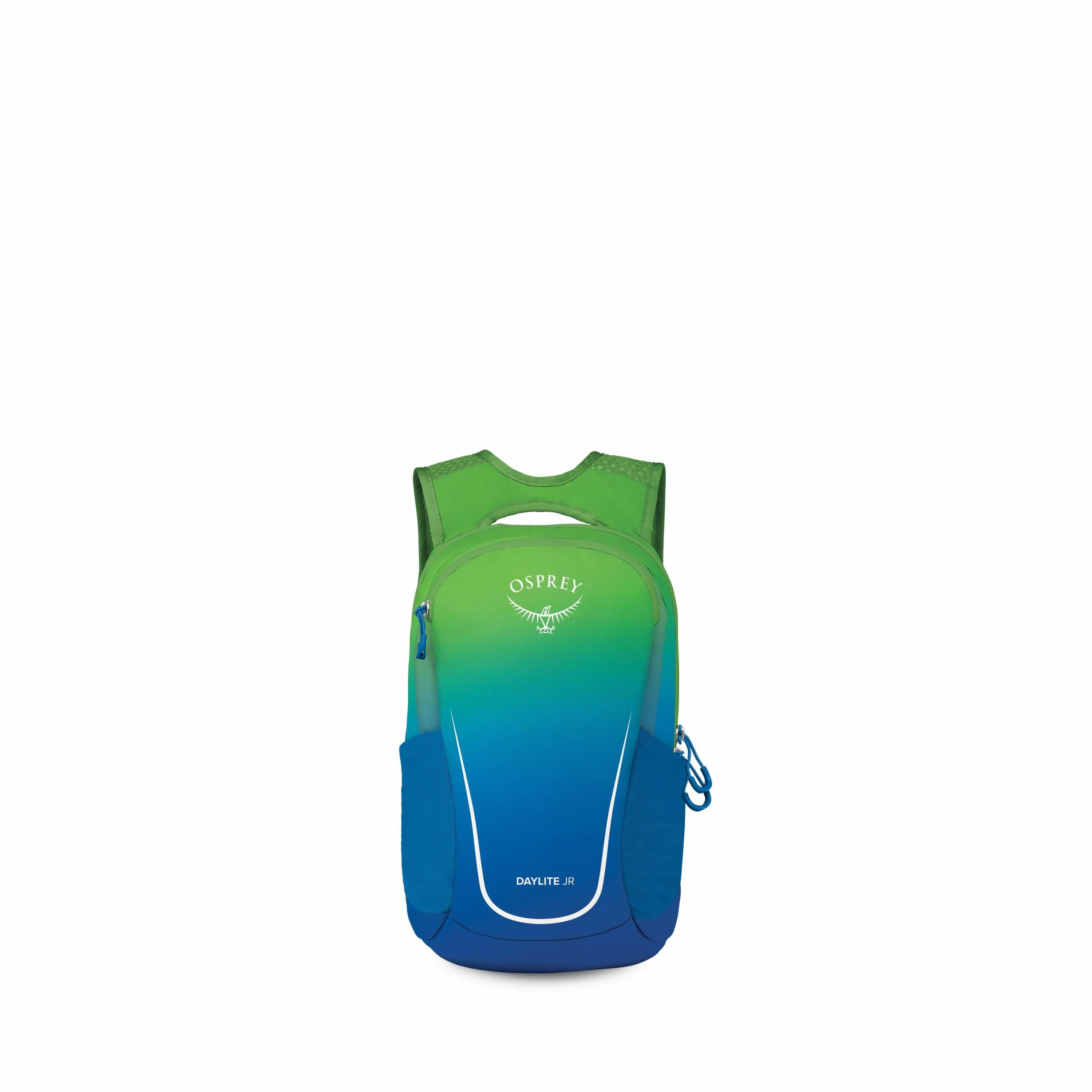 The image showcases an Osprey Daylite JR backpack with a gradient design that transitions from green at the top to blue at the bottom. The backpack features the Osprey logo prominently at the top, consisting of the brand name and an abstract representatio