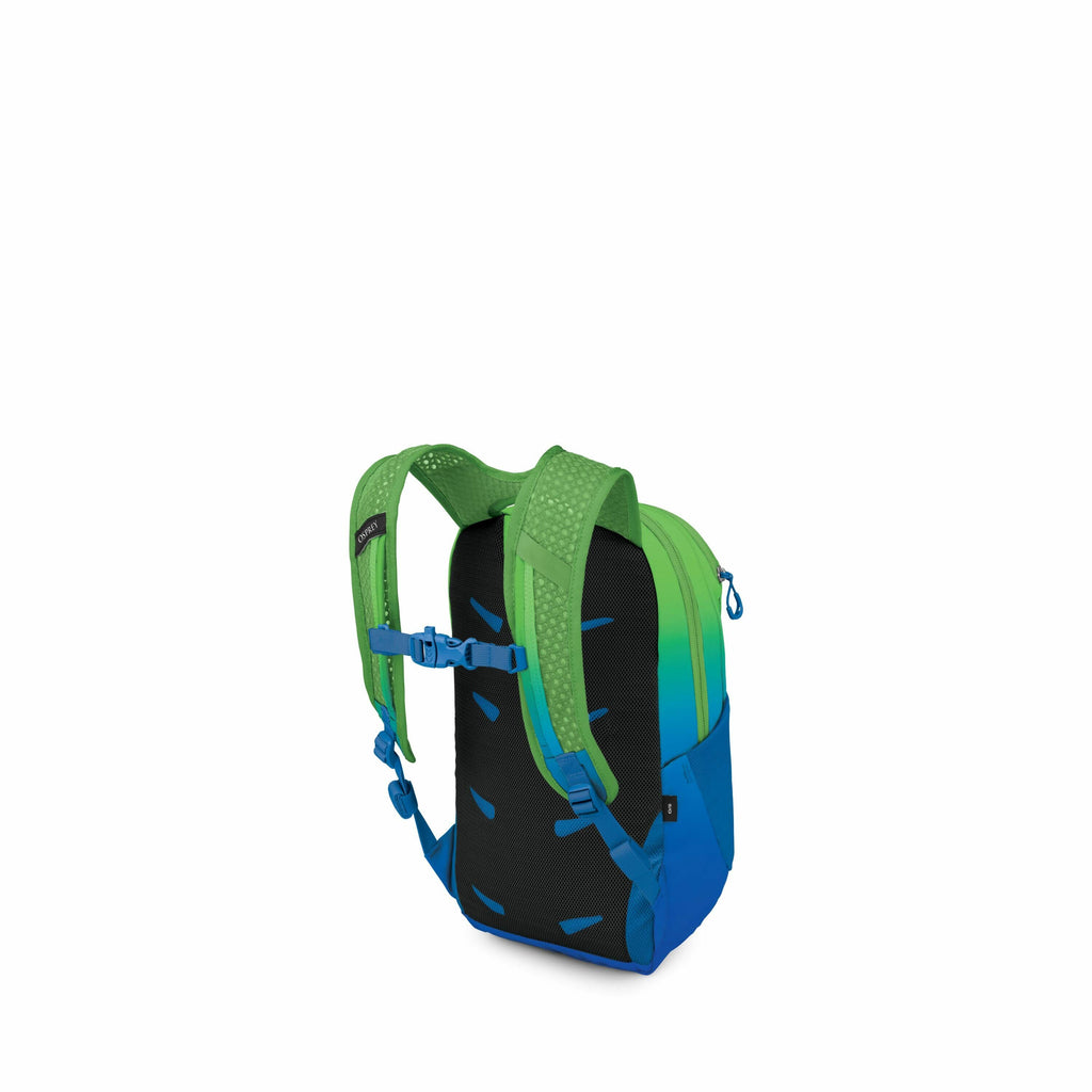 The image showcases a colorful backpack designed for active use. The backpack is primarily composed of vibrant green, blue, and black colors, giving it a lively and youthful appearance. It features adjustable green shoulder straps with a dotted pattern fo