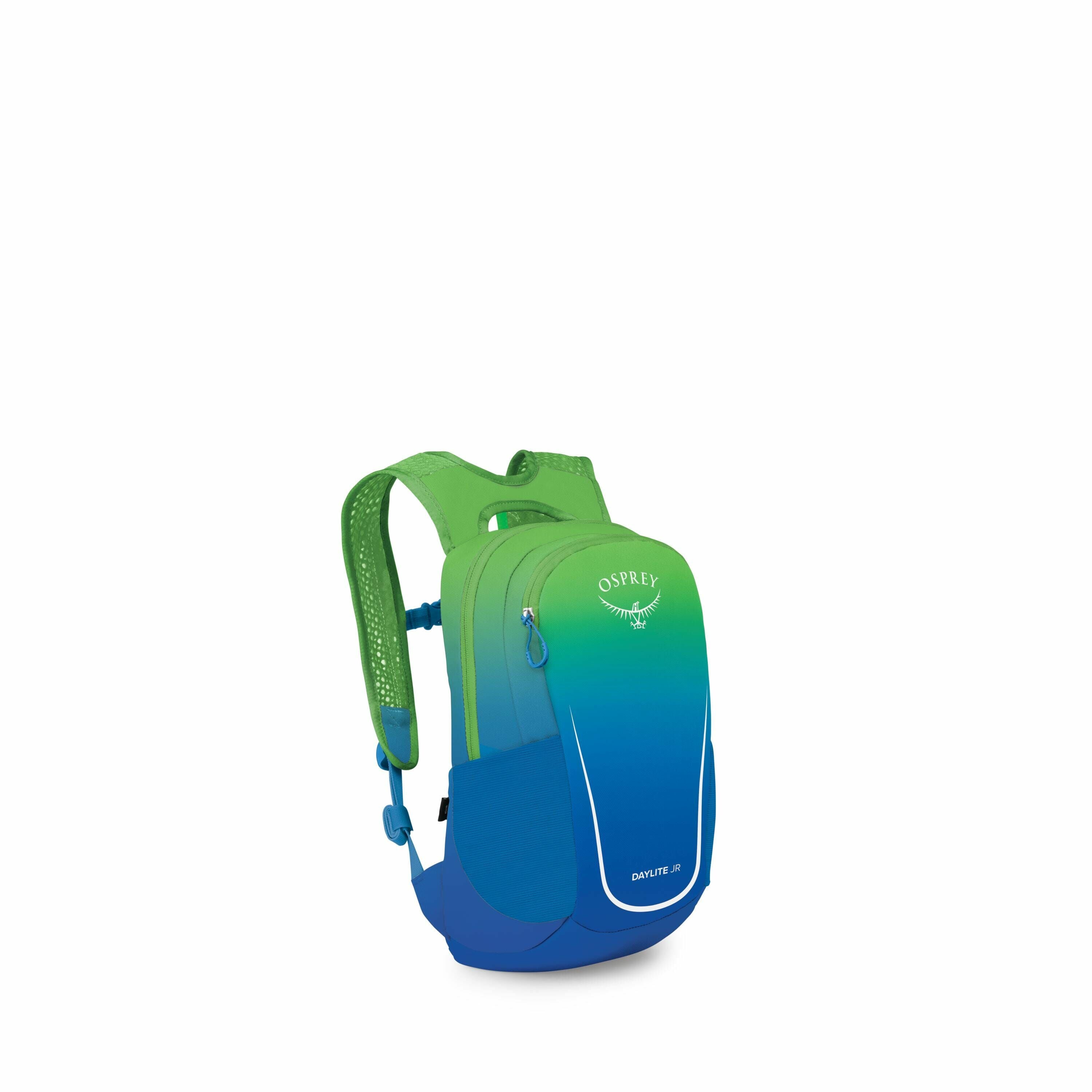 The image features a vibrant Osprey backpack known as the Daylite Jr., designed primarily for outdoor activities or everyday use. The backpack displays a gradient color scheme transitioning from green at the top to blue at the bottom. It includes practica
