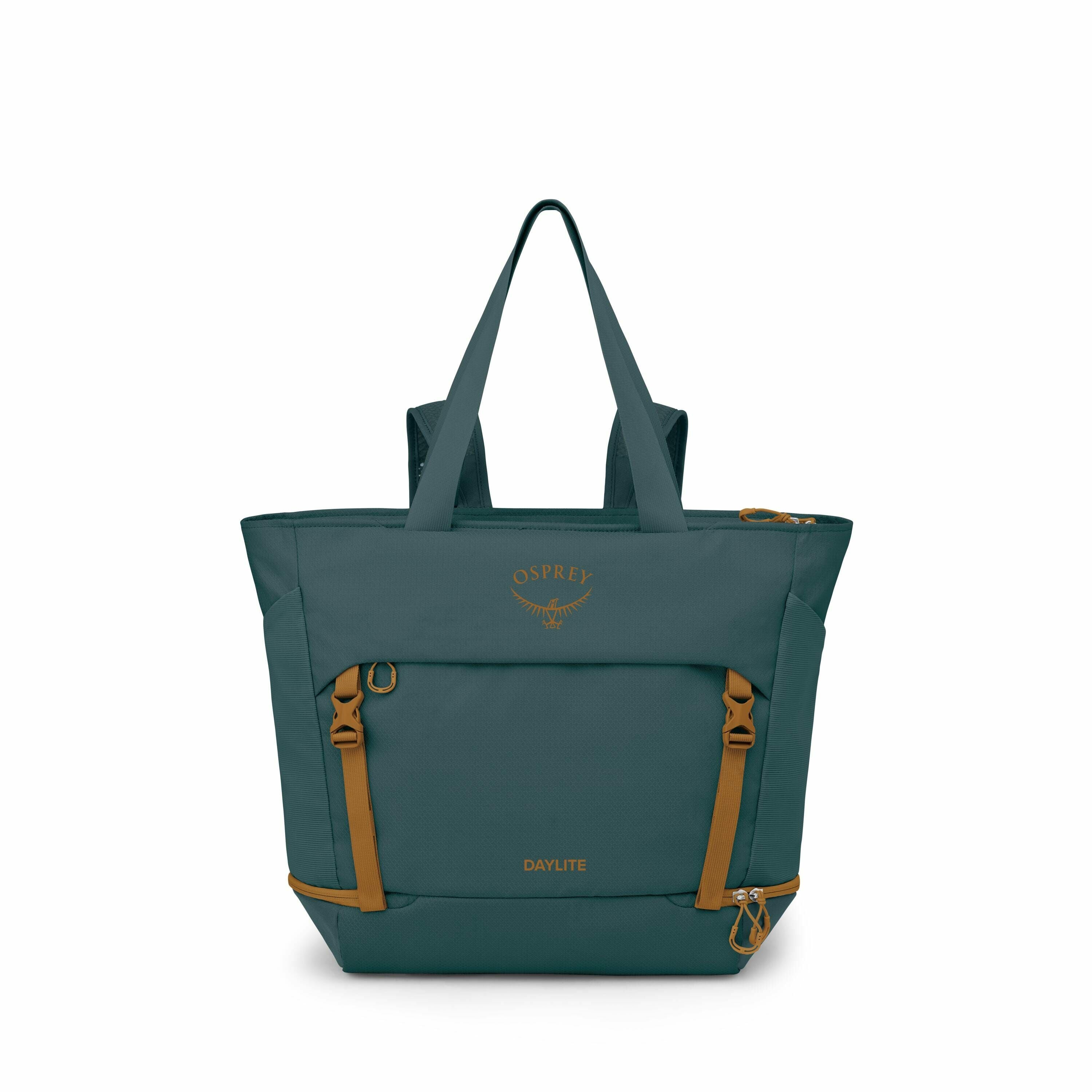 The image features a teal-colored Osprey Daylite tote bag. The bag has a sleek, modern design with adjustable orange-brown straps on the front. The Osprey logo is prominently displayed in orange above the front pocket, with the word "DAYLITE" printed bene