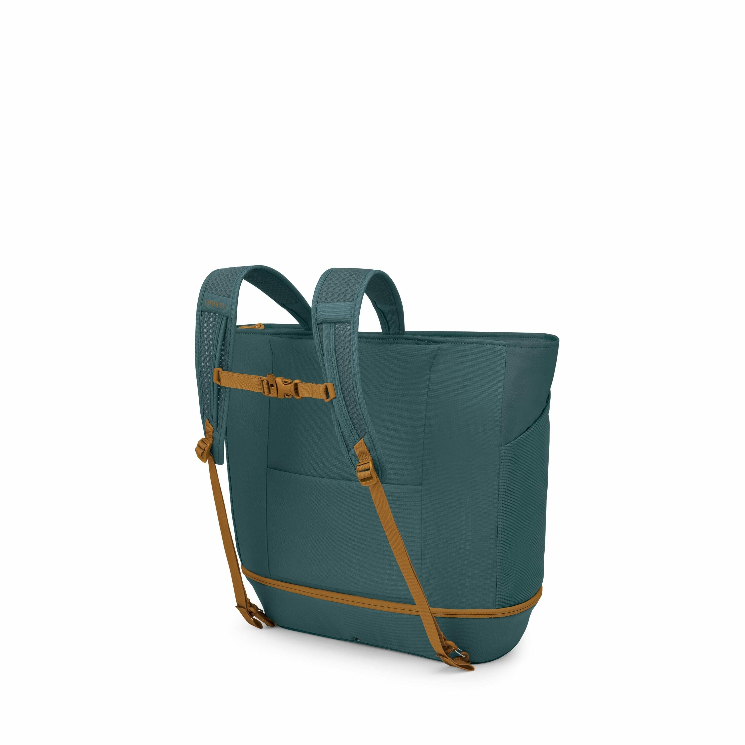 The image features a teal backpack with brown accents, viewed from the back to showcase its straps and carrying options. The bag has two padded shoulder straps for comfortable carrying and is equipped with a chest strap for added support. The backpack des