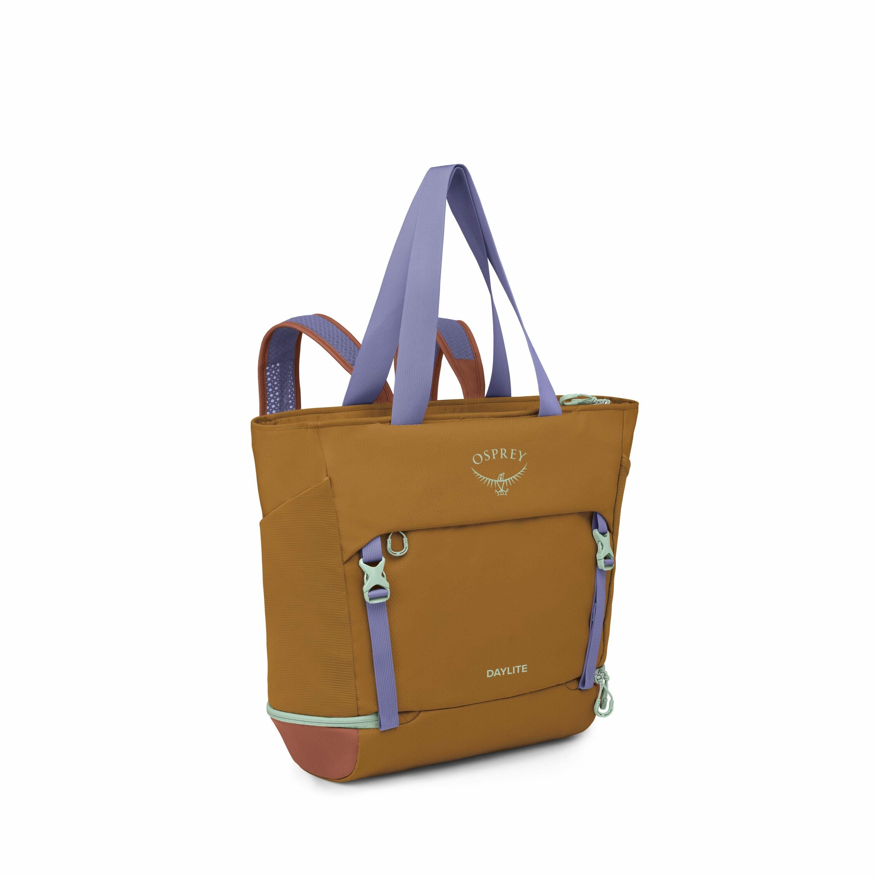 The image features an Osprey Daylite backpack with a unique color palette. The main body of the bag is a rich brown color, complemented by purple carrying straps and backpack straps. Mint green accents are visible in the form of zippers and small straps,