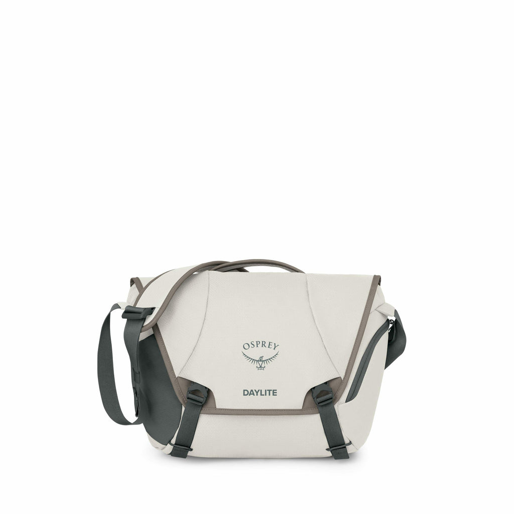The image features a cream-colored messenger-style shoulder bag from the brand Osprey. The front flap of the bag prominently displays the Osprey logo, featuring a stylized bird with outstretched wings, and the word "DAYLITE" written below it. The bag incl