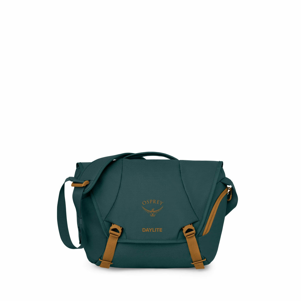 The image shows a teal-colored shoulder bag made by Osprey, from their Daylite series. The bag is compact and features orange accents, such as the buckles and zippers, giving it a stylish contrast. The Osprey logo, along with the word "DAYLITE," is printe