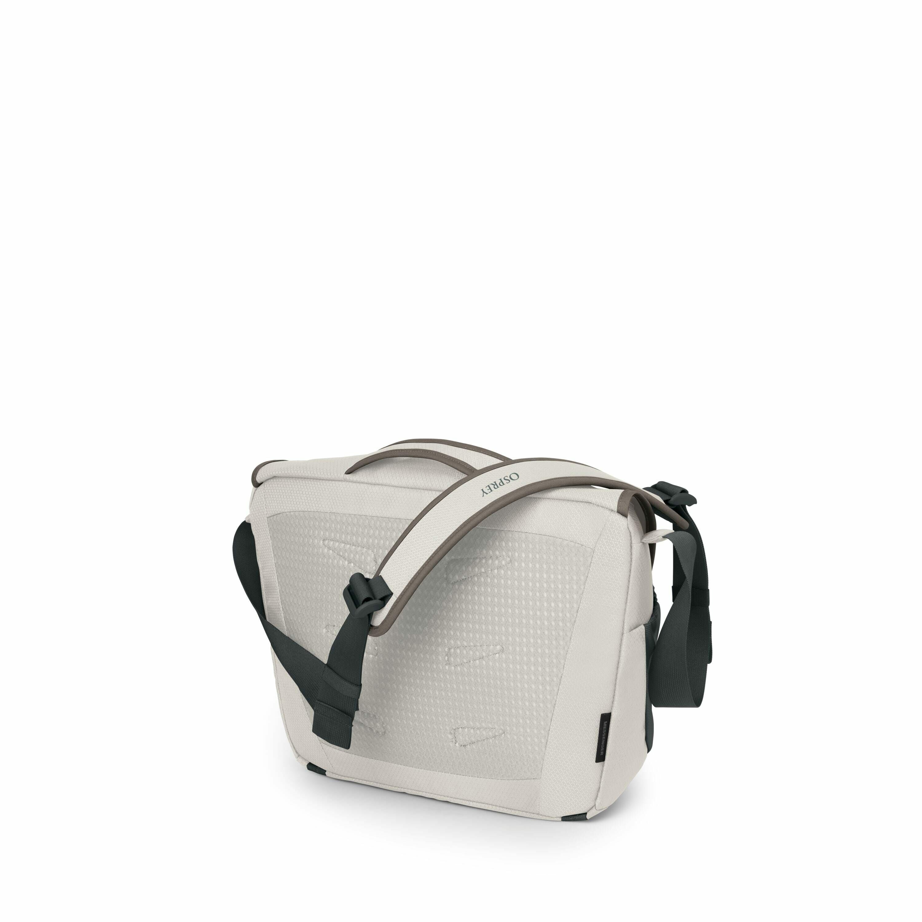 The image shows a white and gray shoulder bag with dark gray straps, branded with the Osprey logo. The bag has a sleek and modern design, with a textured surface and various straps and buckles for secure carrying. The shoulder strap appears to be padded f