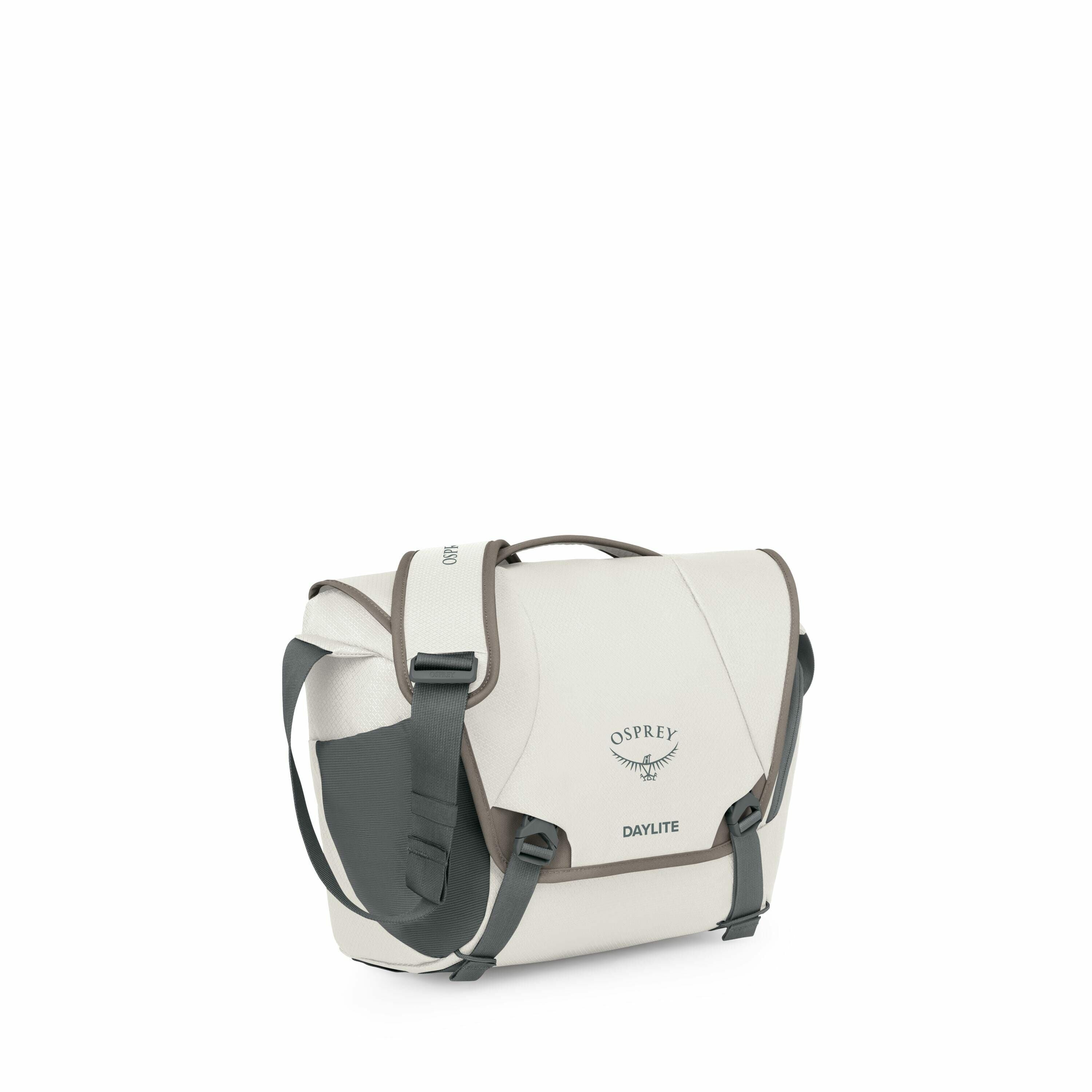 The images show a series of photographs depicting a messenger bag made by Osprey, specifically the Daylite model. The bag is primarily off-white with darker grey accents, including the adjustable strap and buckles. It features a flap closure with the Ospr