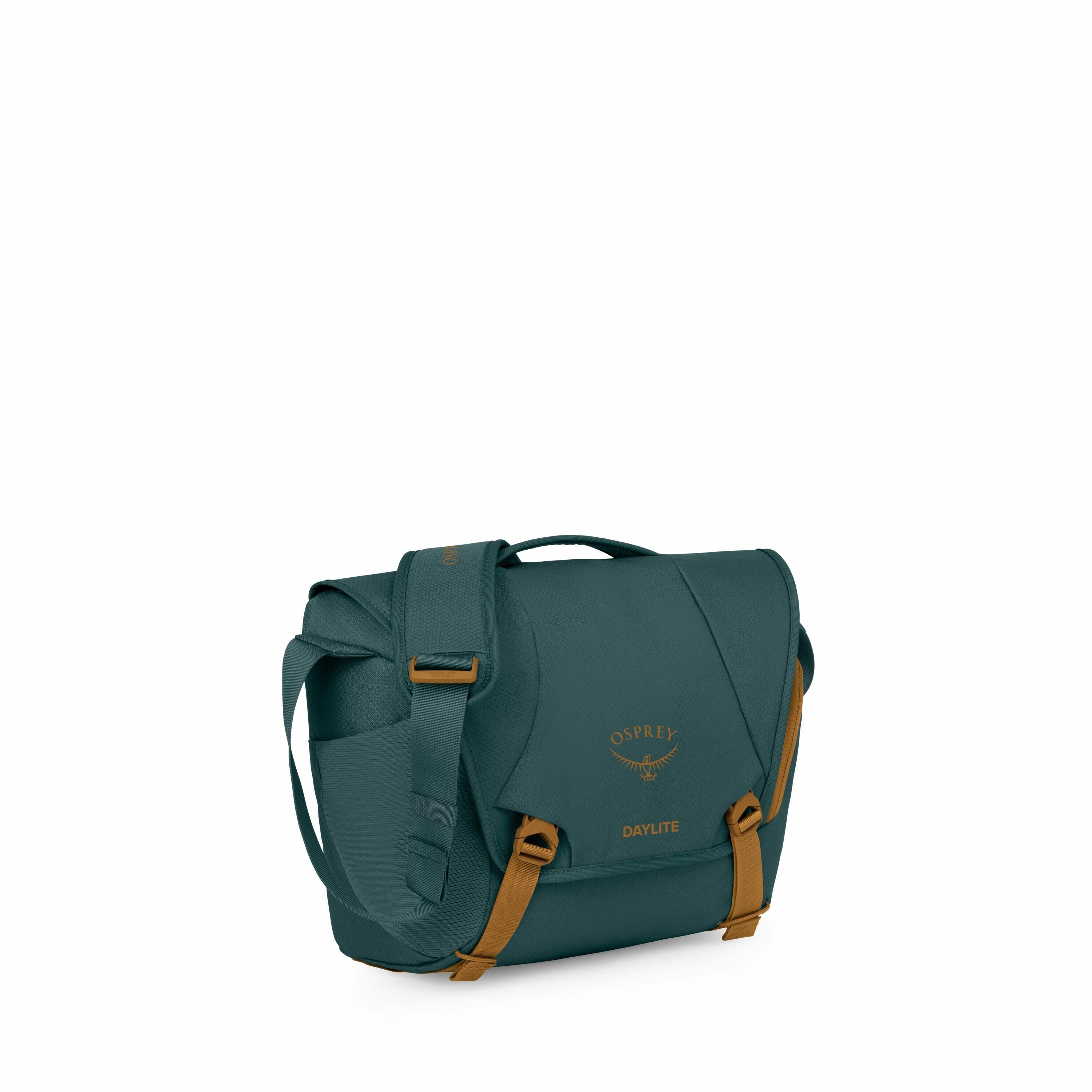 The image depicts a green messenger bag by Osprey, labeled as the "DAYLITE" model. It features a flap with two tan strap buckles for closure and an adjustable shoulder strap. The Osprey logo is visible on the front of the bag, printed in a matching tan co