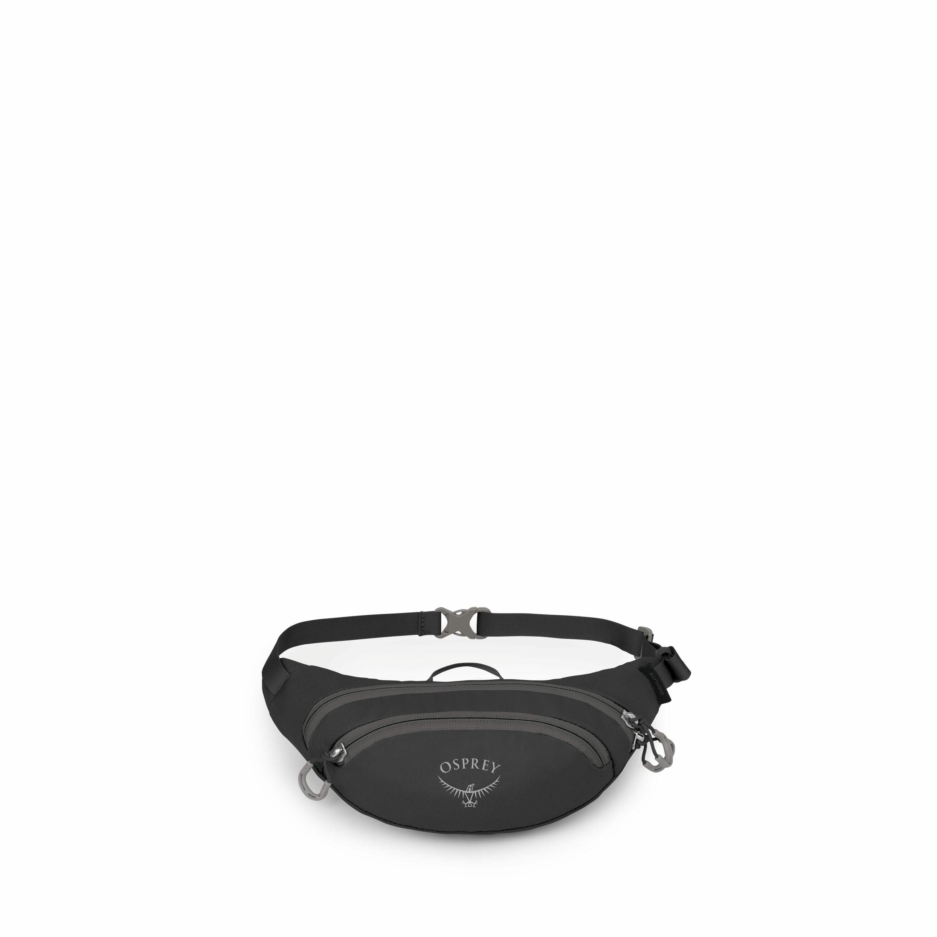 The image displays a dark gray Osprey fanny pack, also known as a waist pack or belt bag. The pack has a simple, sleek design with a main zippered compartment that bears the Osprey logo prominently on the front. The bag features adjustable straps with a b
