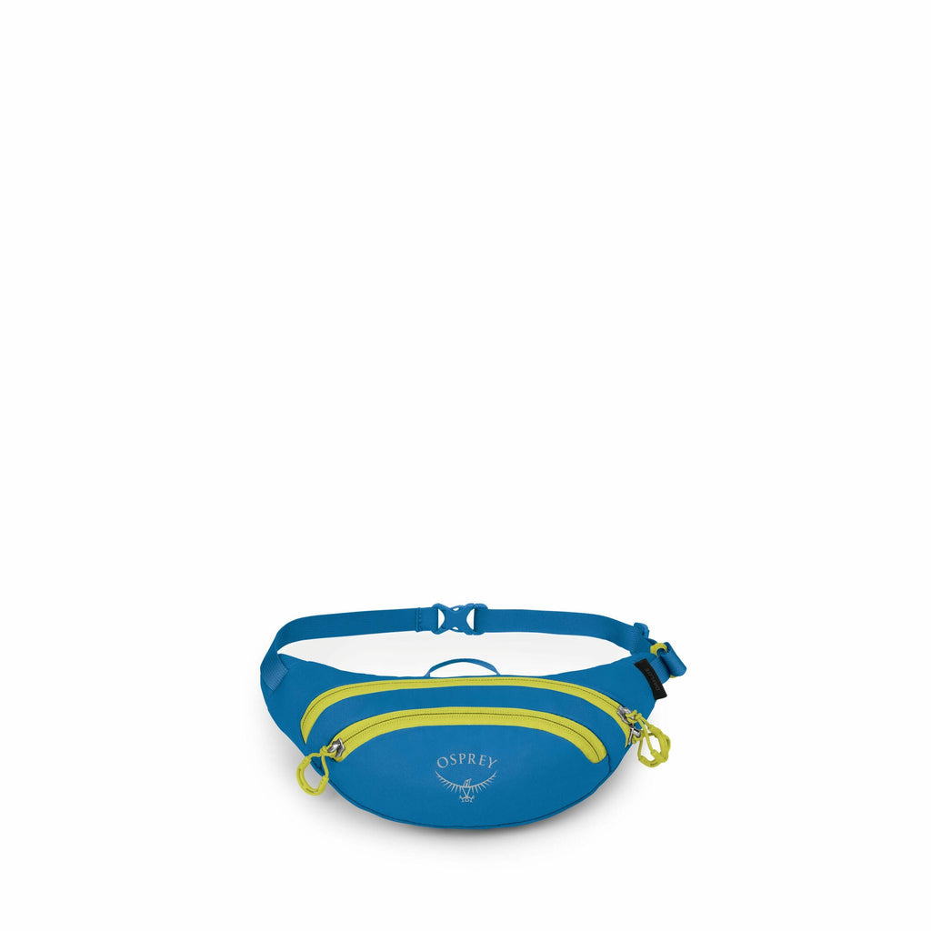 The image depicts a series of frames showing different components of an Osprey waist pack, also known as a fanny pack or hip bag, in a bright blue color with contrasting yellow zipper accents. The first frame shows the fully assembled waist pack with all