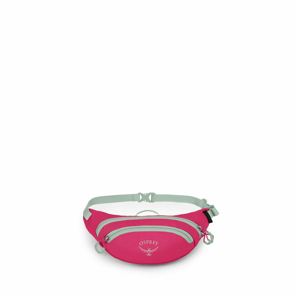 The image features a fuchsia-colored waist pack, also known as a fanny pack, with light gray zippers and a matching adjustable strap. The front of the pack displays the brand name "Osprey" along with a logo. It appears to have multiple compartments, as in