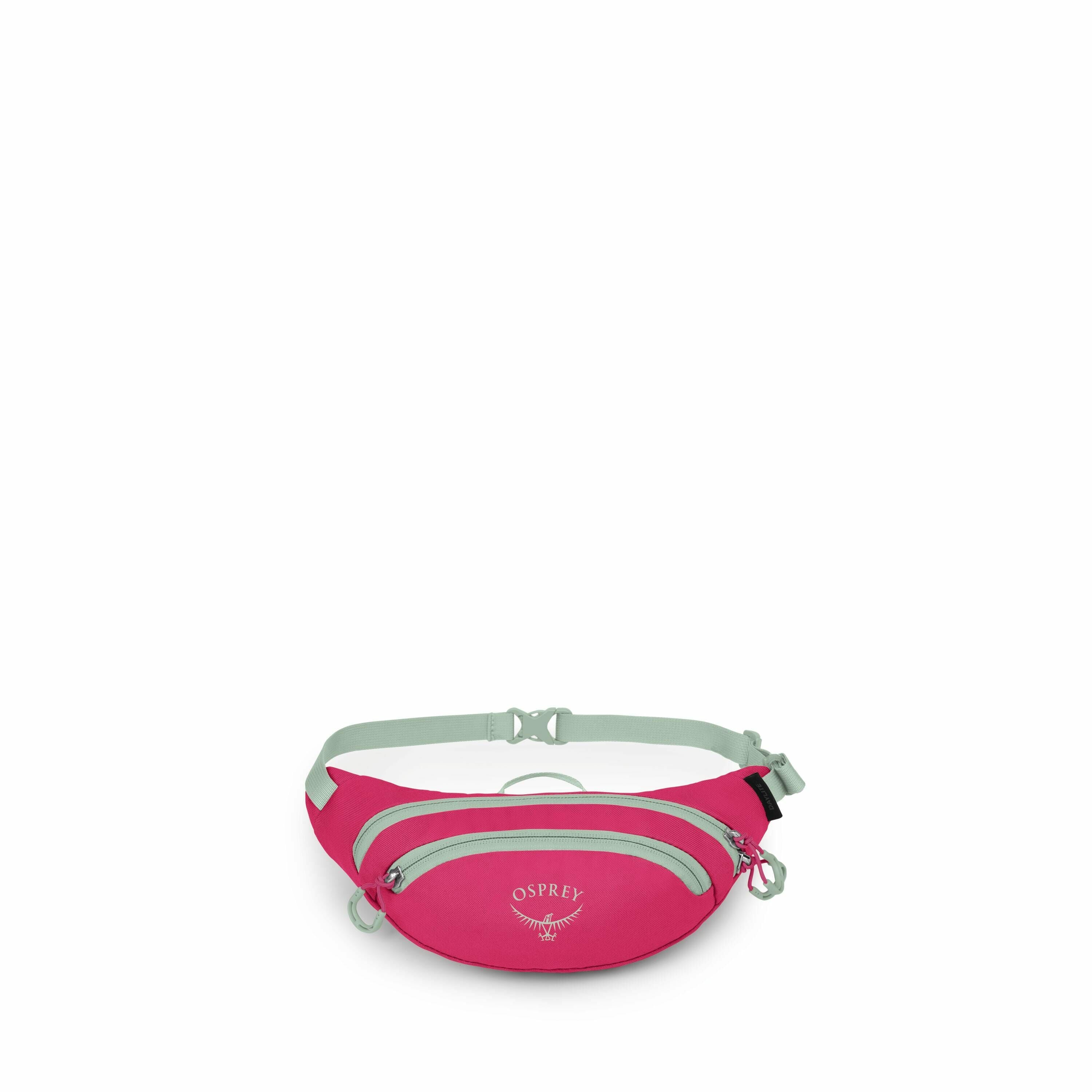 The image features a fuchsia-colored waist pack, also known as a fanny pack, with light gray zippers and a matching adjustable strap. The front of the pack displays the brand name "Osprey" along with a logo. It appears to have multiple compartments, as in