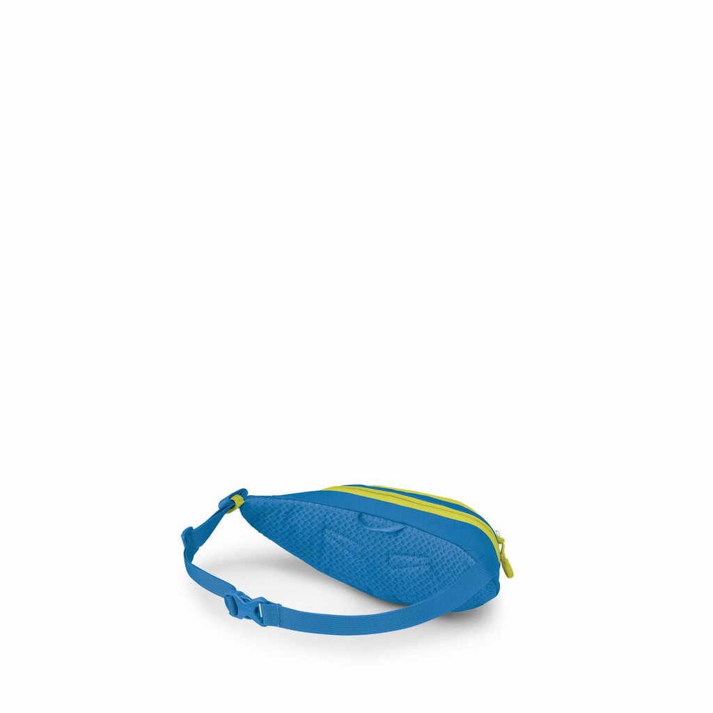 The image depicts a small, compact crossbody or waist bag, primarily in a bright blue color with contrasting yellow accents. The bag has a textured surface and appears to have a sleek, modern design, making it suitable for casual or outdoor activities. It