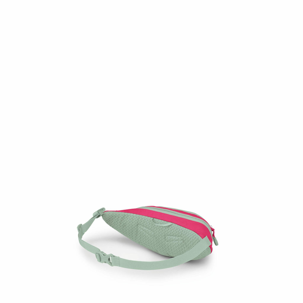 The image features a stylish, two-tone sling bag primarily in light green with vivid pink accents. The bag has a sleek, elongated design with an adjustable strap, also in light green, for easy carrying over the shoulder or across the body. It appears to h