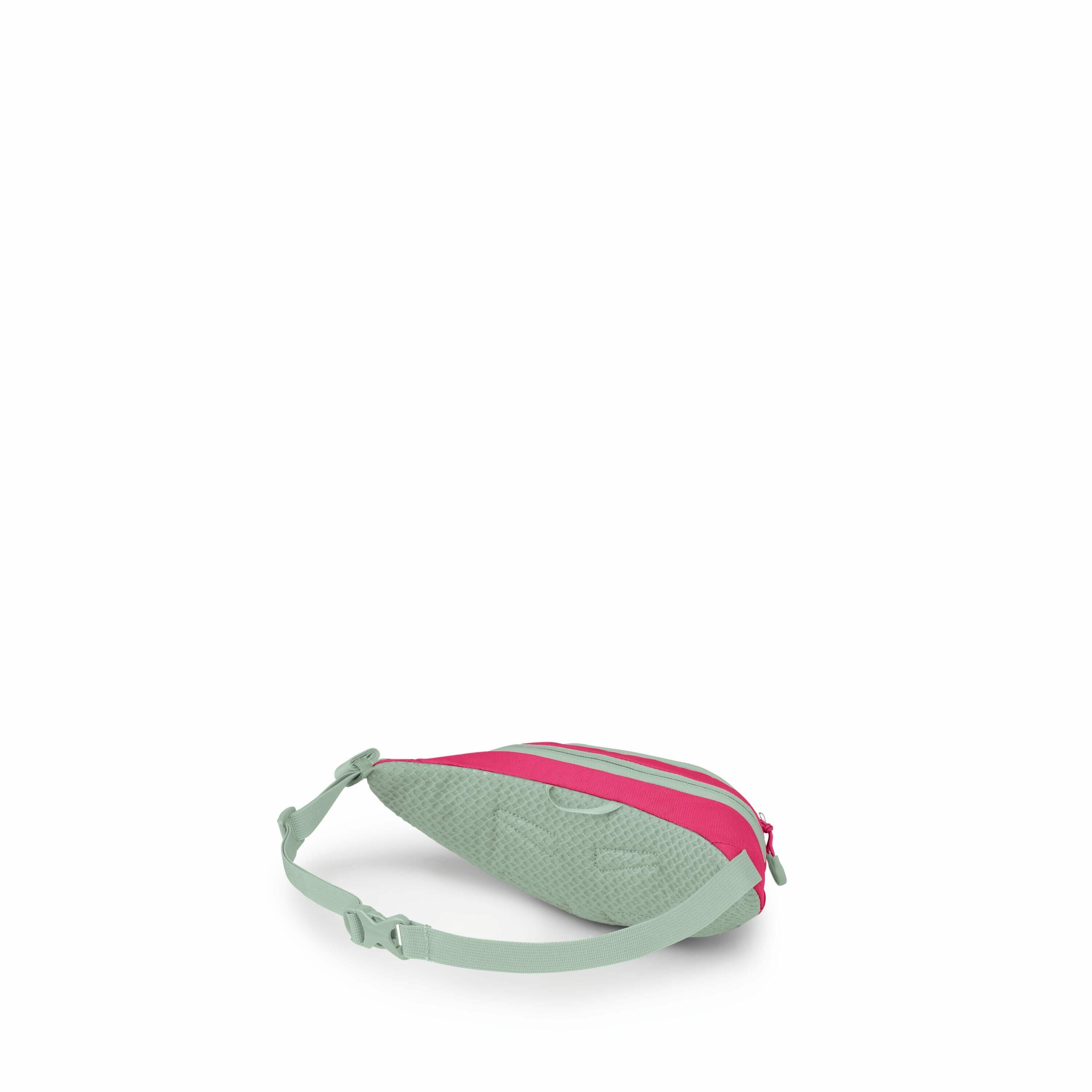 The image features a stylish, two-tone sling bag primarily in light green with vivid pink accents. The bag has a sleek, elongated design with an adjustable strap, also in light green, for easy carrying over the shoulder or across the body. It appears to h