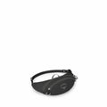 The image showcases a black Osprey waist pack, commonly known as a fanny pack, against a plain white background. The pack has a sleek and compact design with a curved, streamlined shape, featuring the Osprey logo prominently on the front. It has a central