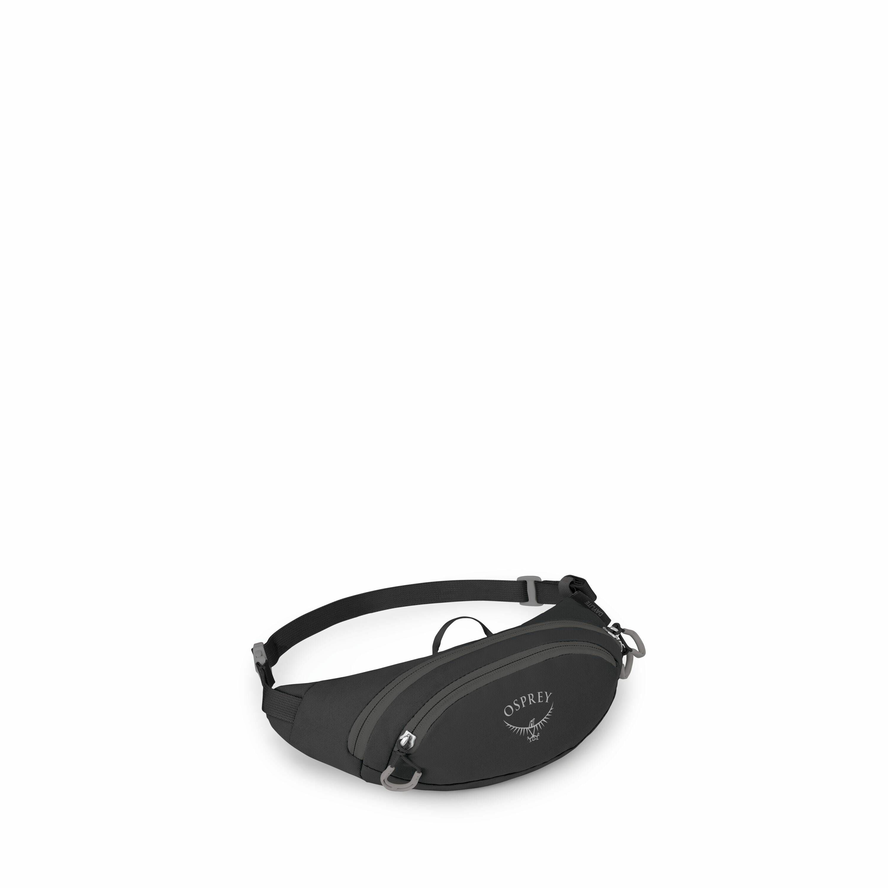 The image showcases a black Osprey waist pack, commonly known as a fanny pack, against a plain white background. The pack has a sleek and compact design with a curved, streamlined shape, featuring the Osprey logo prominently on the front. It has a central