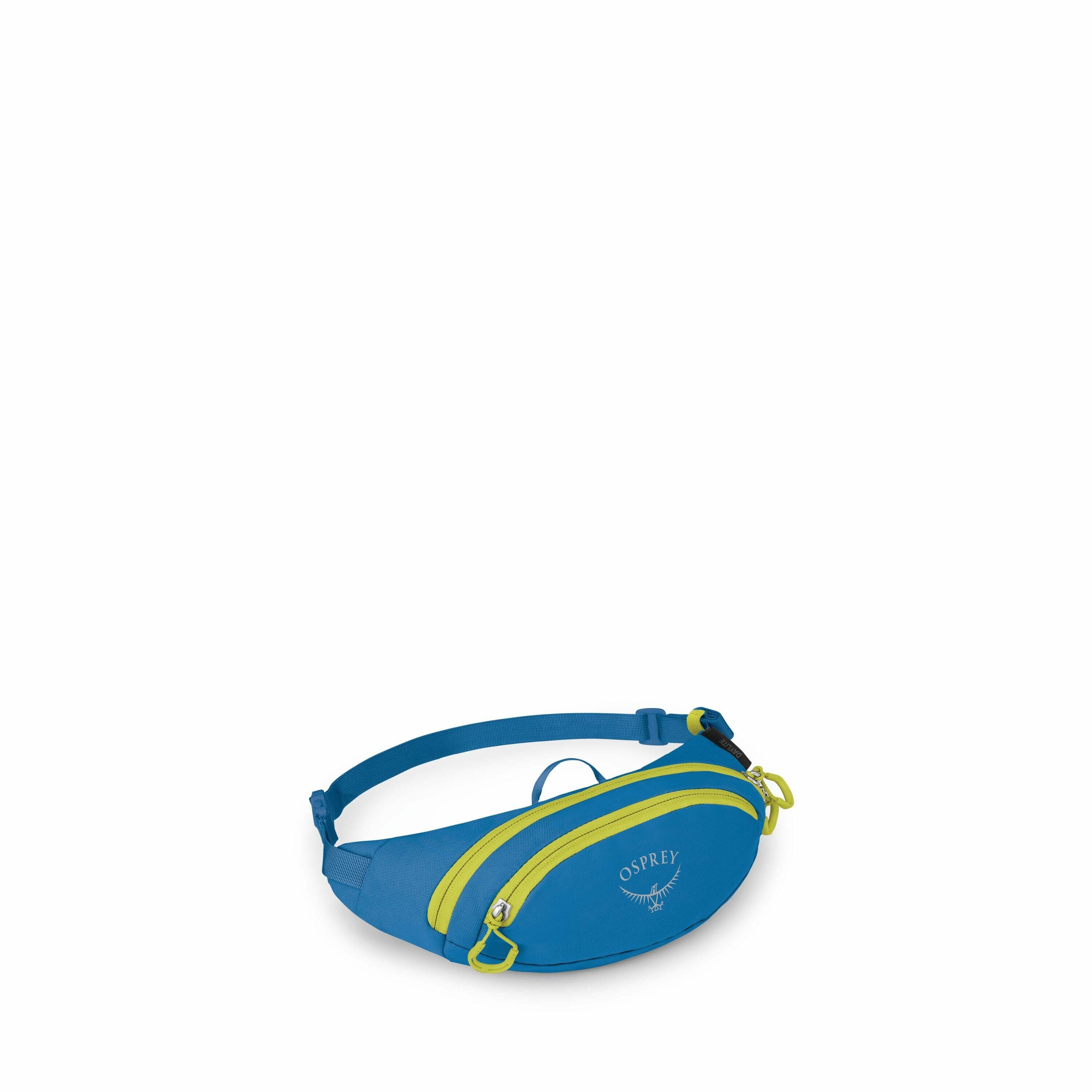 The image shows a blue waist pack, commonly known as a fanny pack, designed by the brand Osprey. It features two zippered compartments with bright yellow zippers that provide contrast against the vibrant blue fabric. The Osprey logo is visible in white on