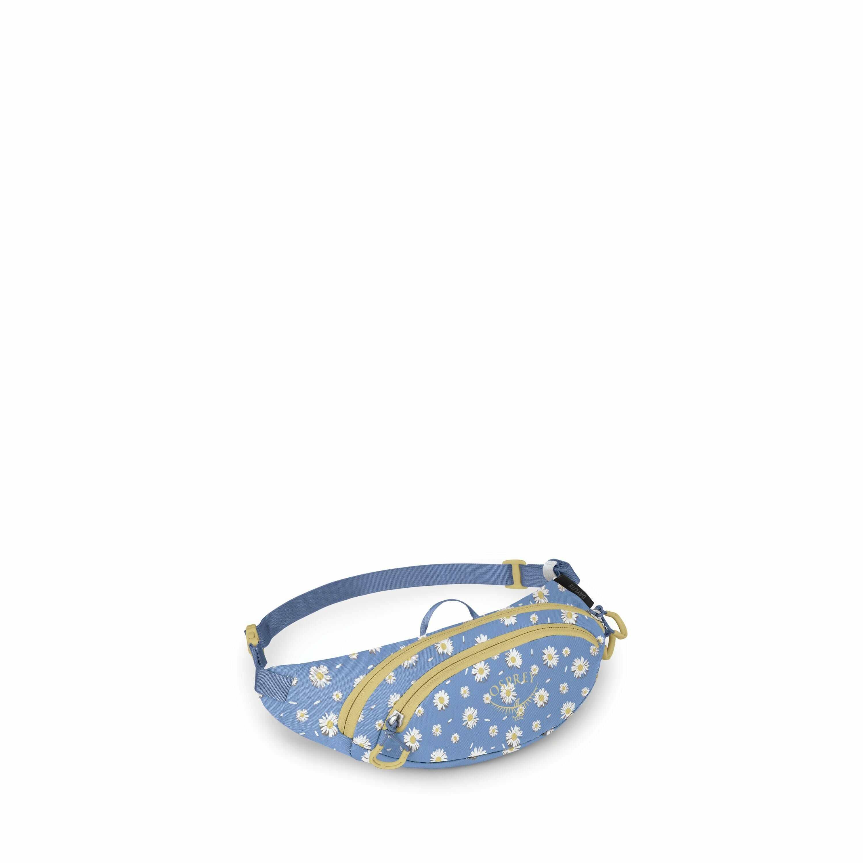 The image displays a stylish fanny pack with a floral design. The main body of the bag is light blue, adorned with a pattern of white daisies with yellow centers, giving it a cheerful and summery appearance. The bag features a front zipper pocket with yel
