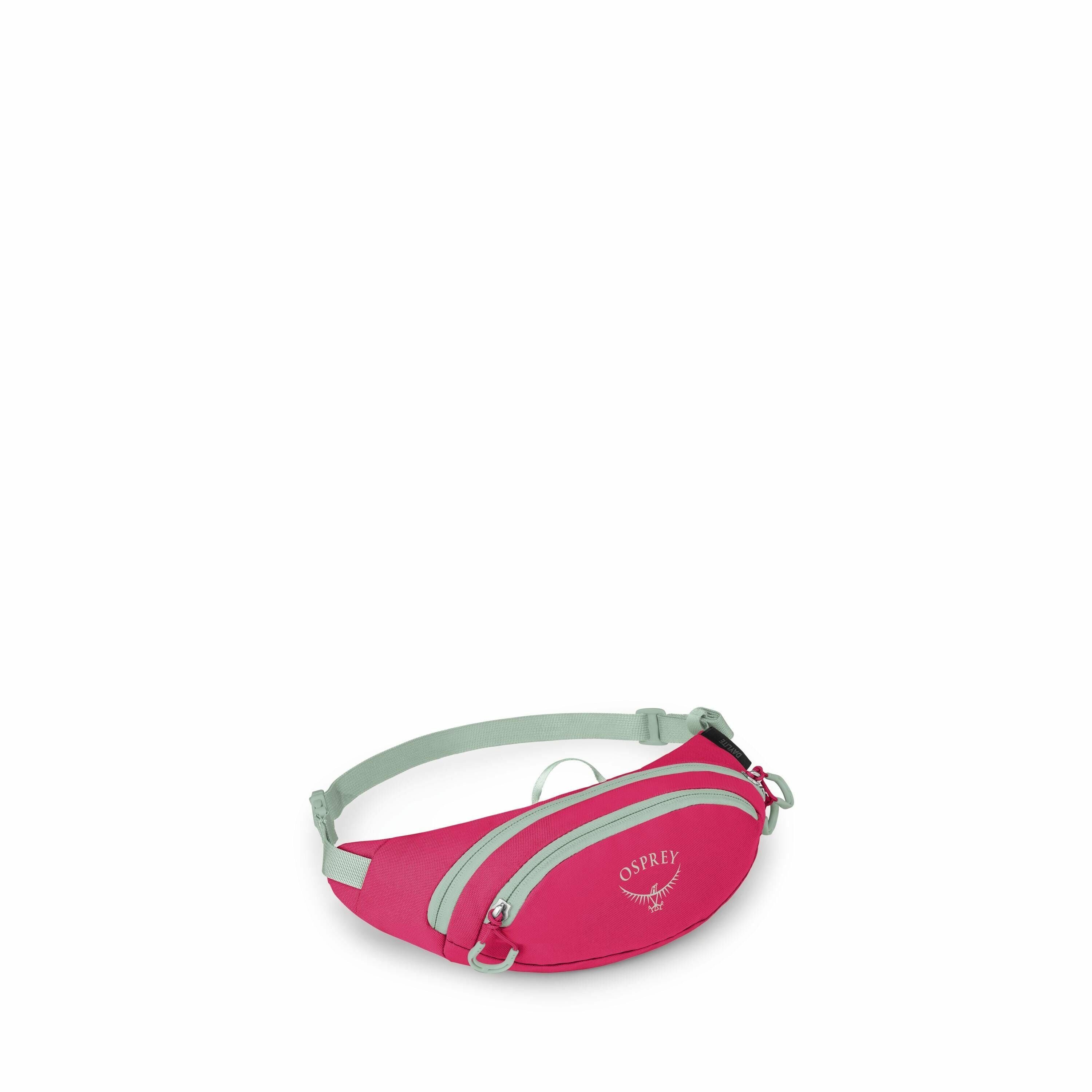 The image displays a vibrant pink and gray Osprey fanny pack, a compact waist bag designed for carrying essentials. The fanny pack features a main zippered compartment and a smaller front zippered pocket, allowing for organized storage. The brand name "Os