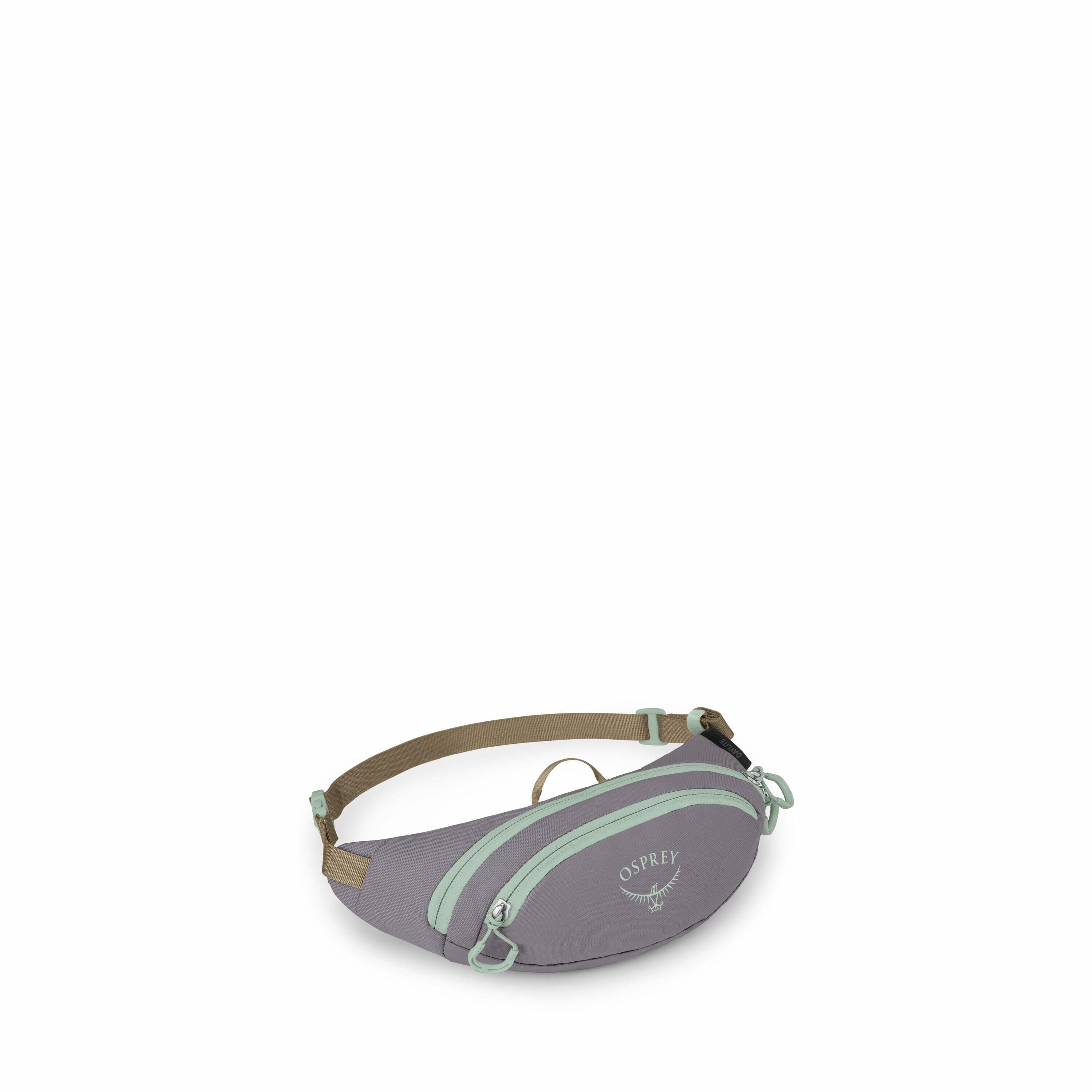 The image features an Osprey waist pack designed for outdoor activities. It has a compact, streamlined shape and is primarily colored in muted grey with mint green accents, including the zippers and small detailing on the strap. The pack is equipped with