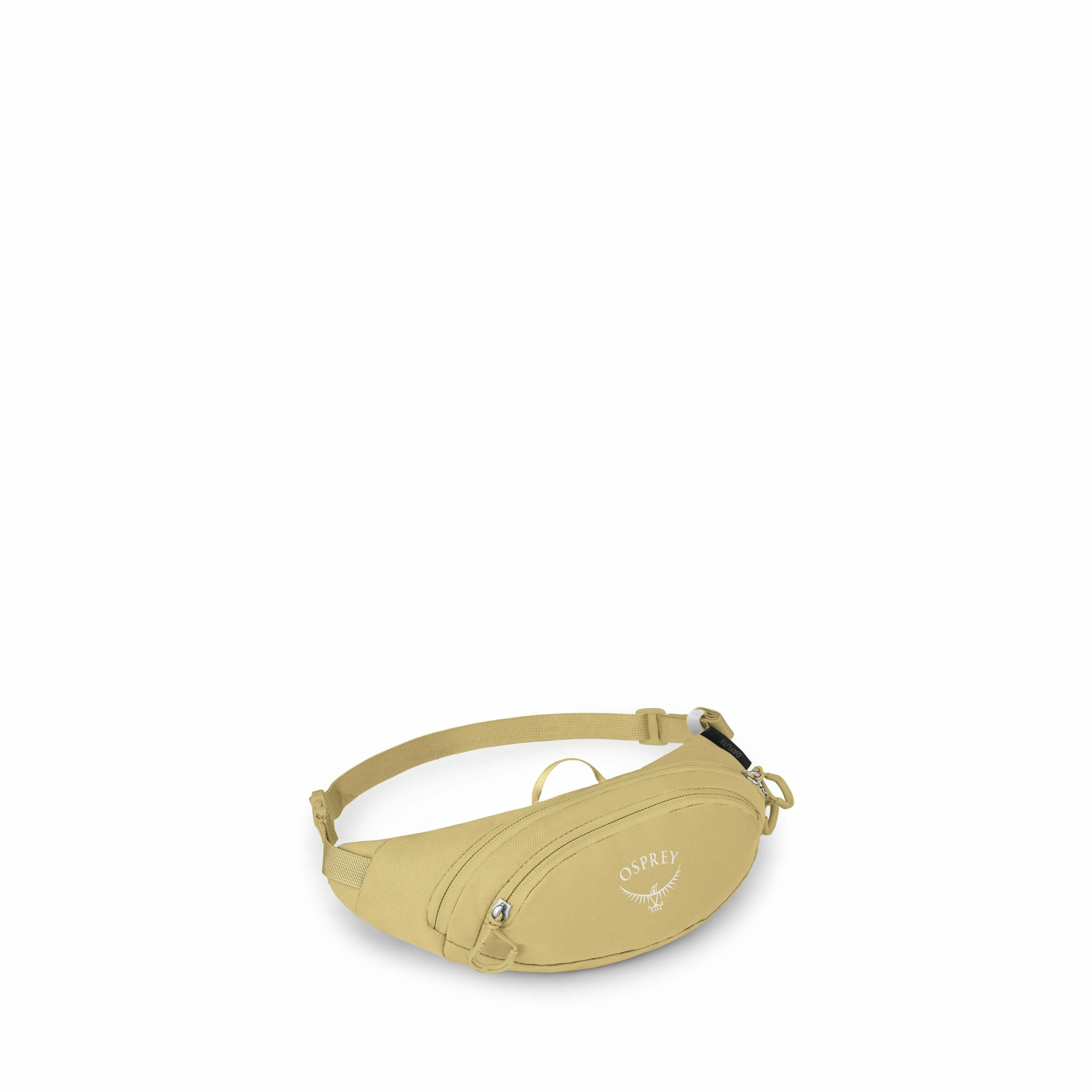 The image showcases a small waist pack or fanny pack from Osprey, colored in a light tan or beige shade. The pack features a curved design with a main zippered compartment and an additional smaller pocket at the front. The Osprey logo, a stylized bird, is