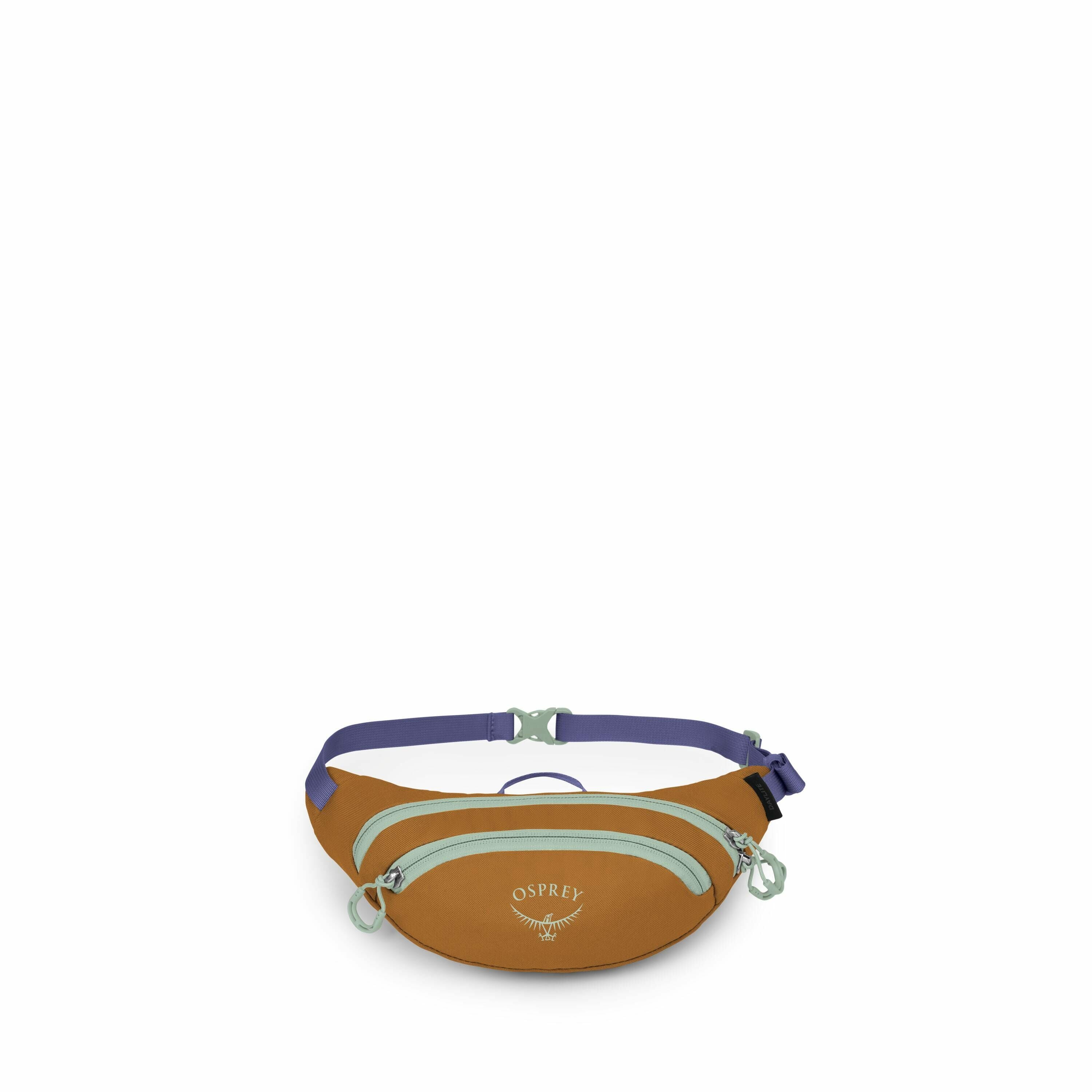 The image shows a brown waist pack with light green zippers and details, produced by Osprey. It features the Osprey logo prominently on the front of the pack, along with a stylized bird design. The pack has two zippered compartments and a blue adjustable