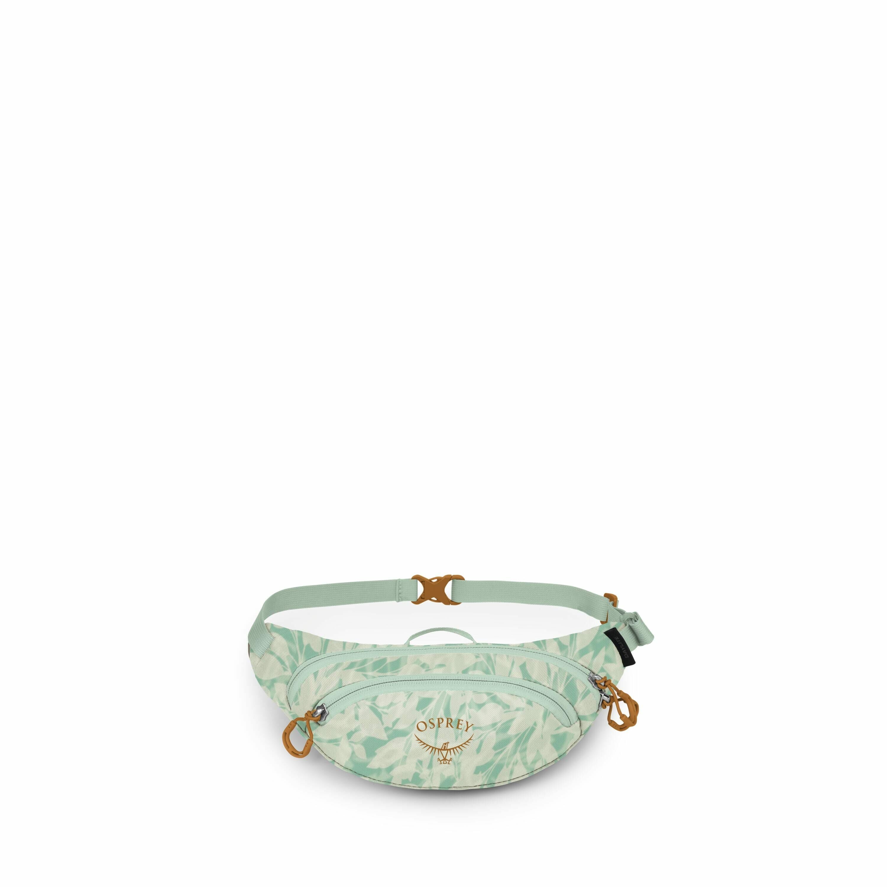 The image features a light green fanny pack with a subtle leaf pattern printed across the fabric. The pack is produced by Osprey, as indicated by the logo prominently displayed on the front, along with an image of an osprey bird. The fanny pack has a cent