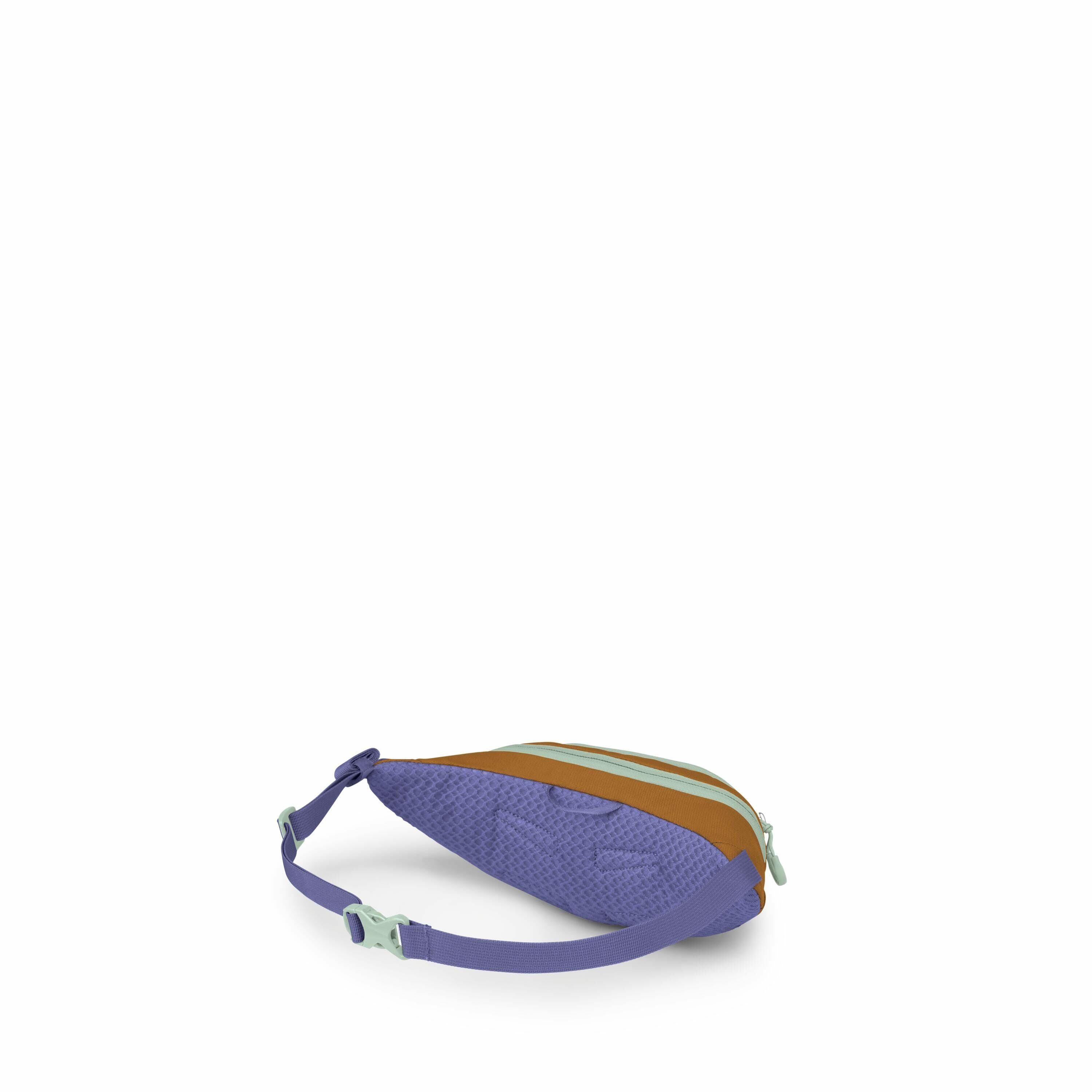 The image displays a compact and stylish fanny pack predominantly in a vivid purple hue. It features a contrasting brown stripe across the top, accented by mint green zippers and buckles. The texture of the bag seems to be somewhat quilted or dimpled, add