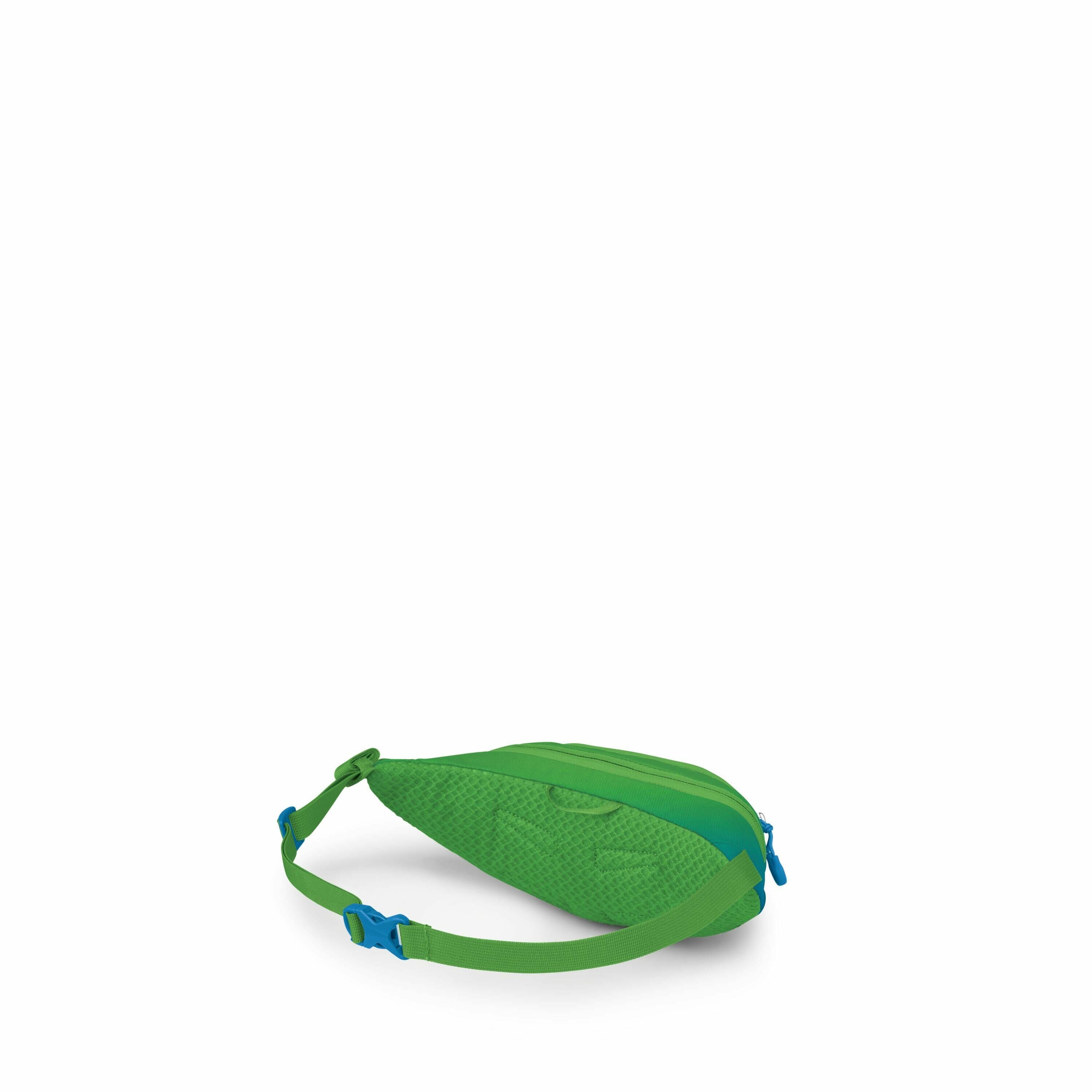 The image displays a vibrant green fanny pack with a sleek, triangular design. It features a textured fabric, giving it a modern and sporty appearance, with visible stitches and a subtle pattern on its surface. The fanny pack has adjustable straps with bl