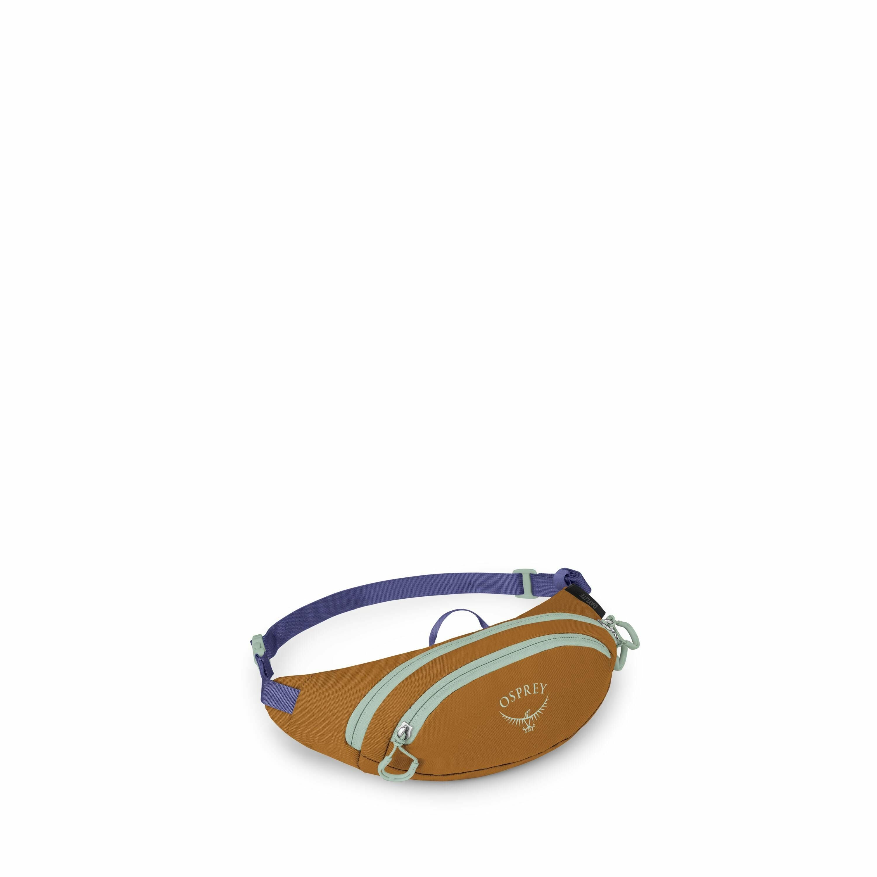 The image displays an Osprey brand waist bag, or fanny pack, which is designed for carrying small essentials. The main body of the bag is a warm brown color with light mint green zippers and accents, and it features a prominent Osprey logo on the front. A