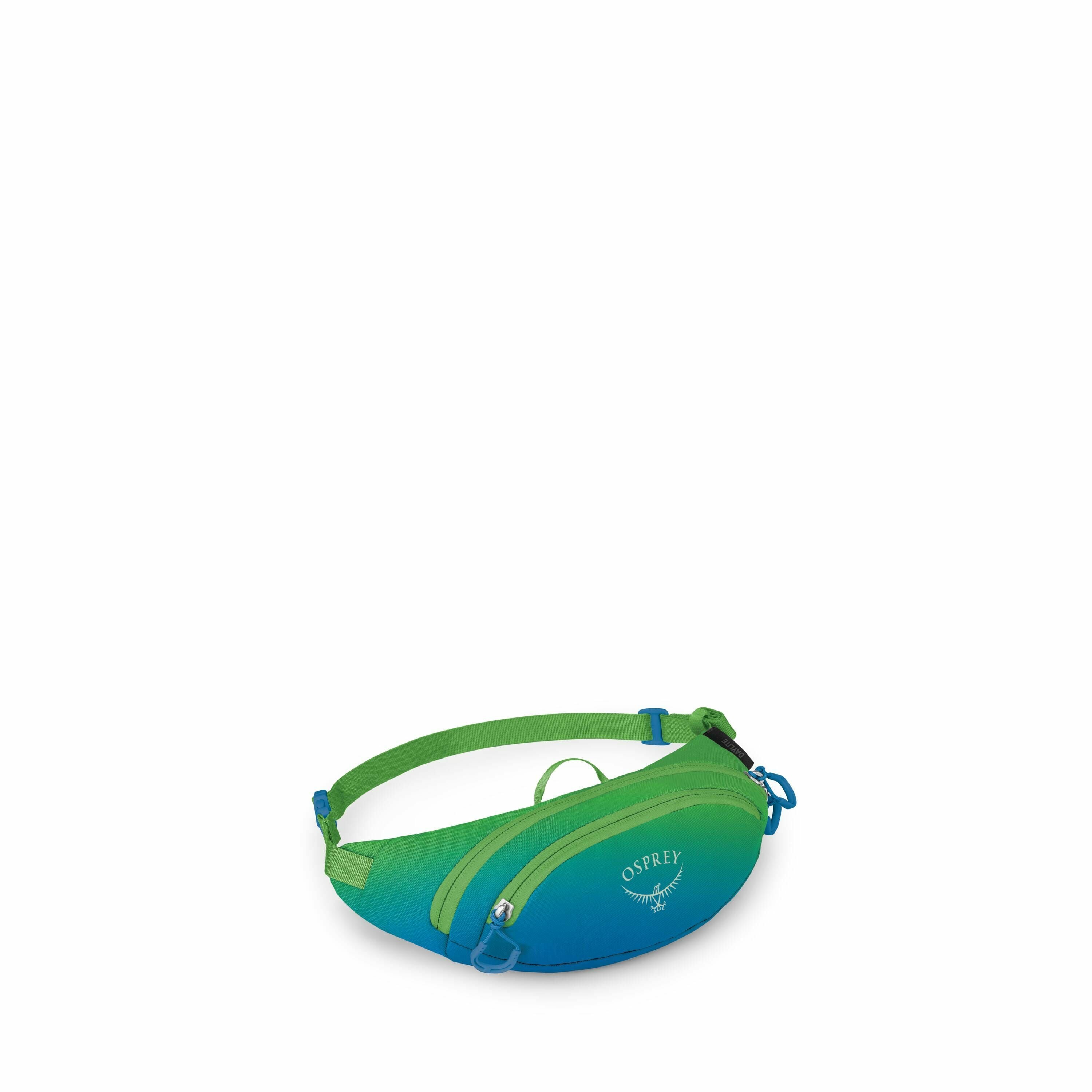 The image showcases a vibrant fanny pack designed by Osprey. This pack features a gradient color scheme transitioning from green to blue, providing a visually appealing look. The Osprey logo is prominently displayed on the front, adding a touch of brand i