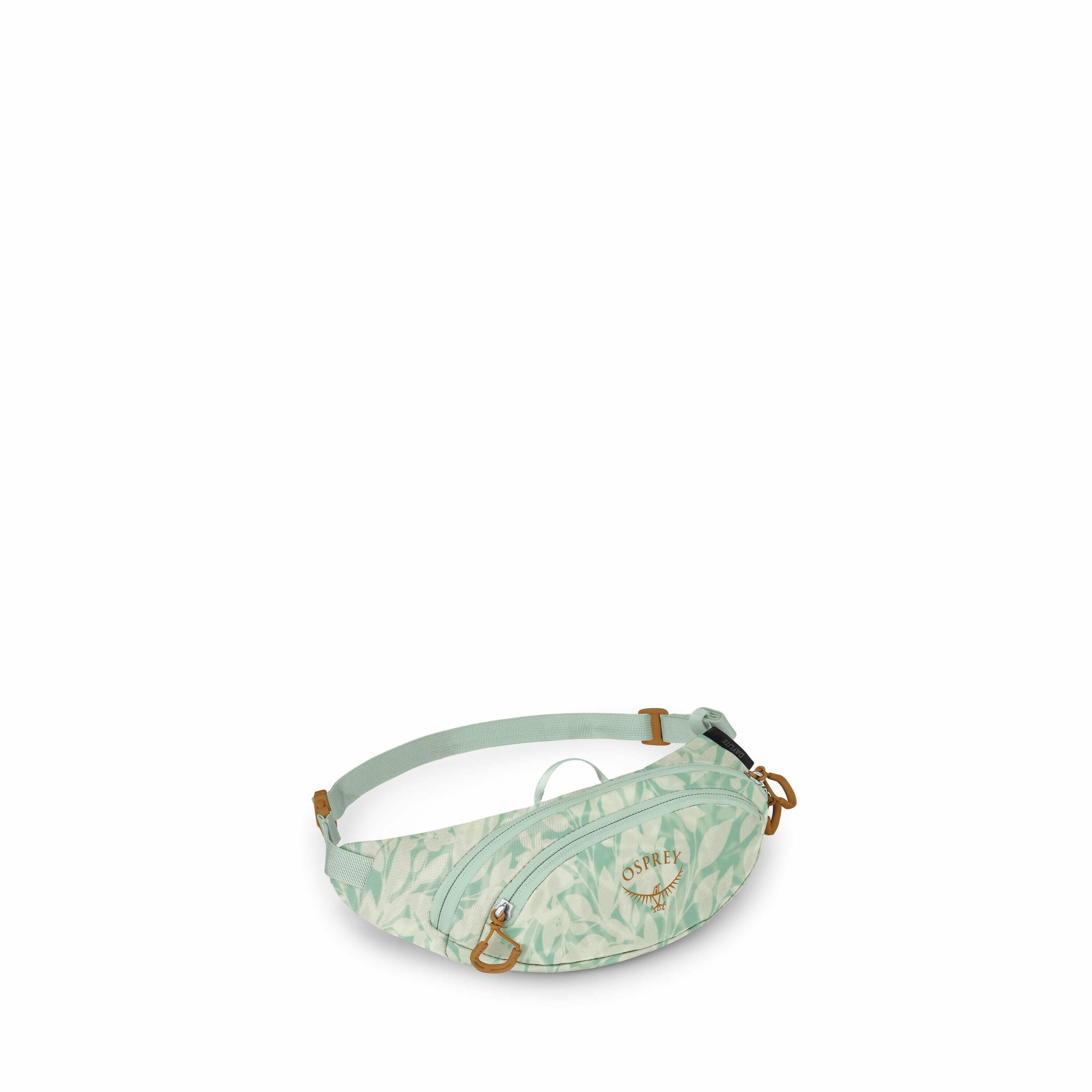 The image shows a small waist pack or fanny pack designed by the brand Osprey. It features a light mint green color with a subtle leafy pattern. The bag has two compartments with zippers, both of which have leather zipper pulls. The Osprey logo is promine