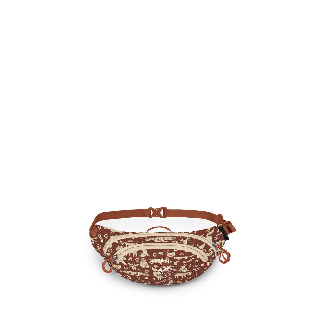 A brown waist bag with beige illustrations of animals and symbols is shown from multiple angles. The bag has a curved, zippered main compartment, a smaller front zip pocket, and side loops with cord pulls. It features an adjustable reddish-brown strap wit