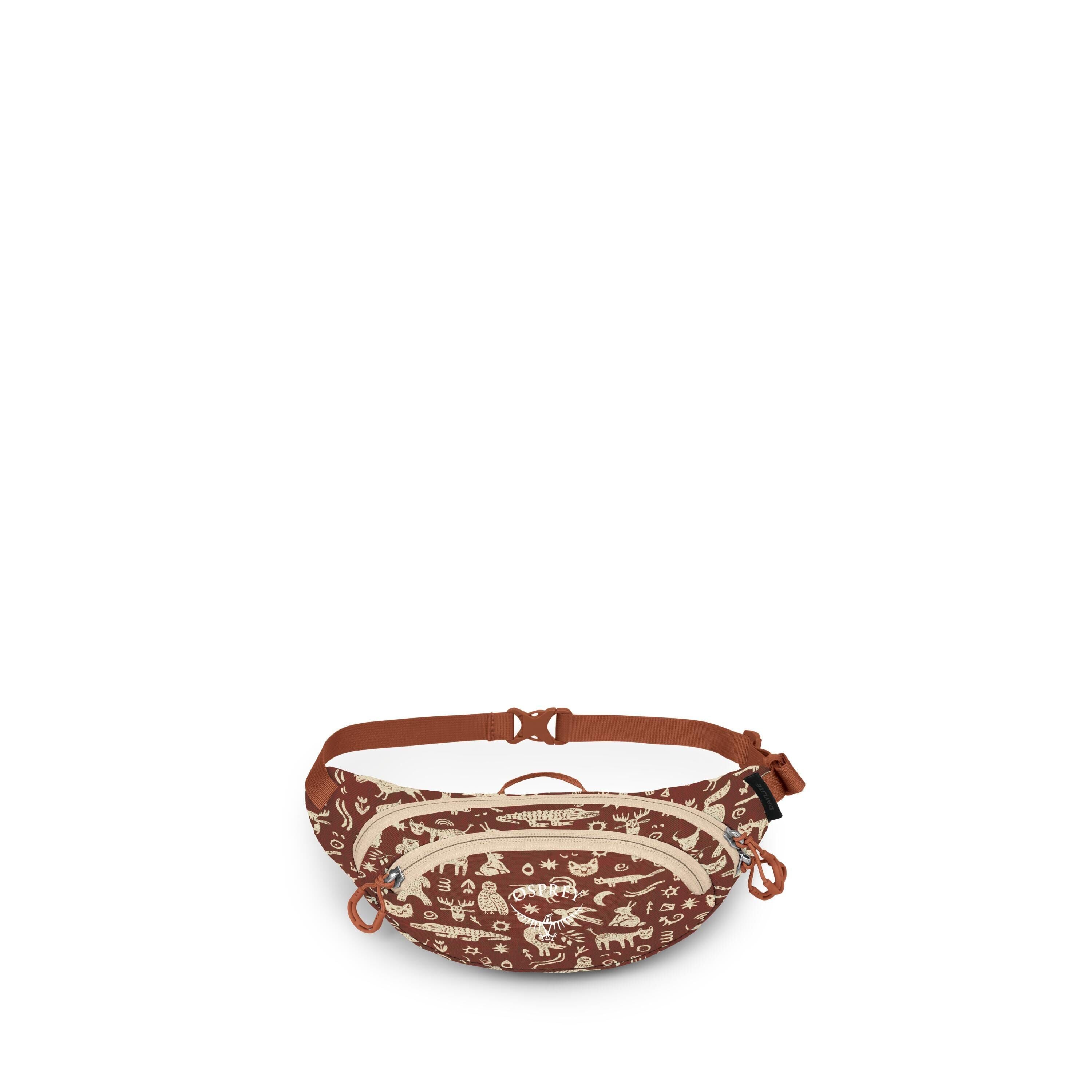 A brown waist bag with beige illustrations of animals and symbols is shown from multiple angles. The bag has a curved, zippered main compartment, a smaller front zip pocket, and side loops with cord pulls. It features an adjustable reddish-brown strap wit