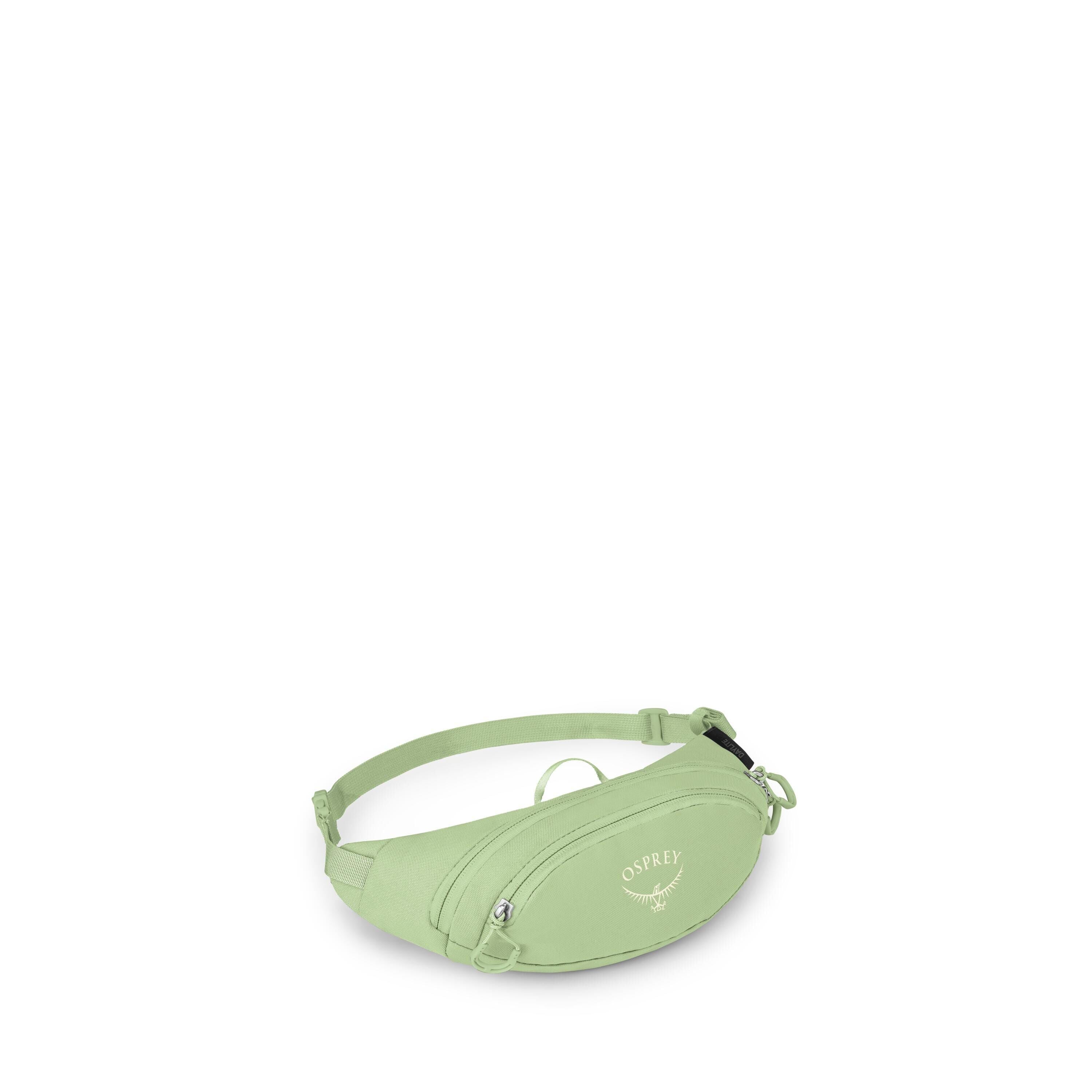 A light green Osprey waist pack is displayed against a white background. The small sling-style bag has a curved, zippered main compartment with another front zipper pocket and small zipper pulls. An adjustable strap with a side-release buckle wraps around