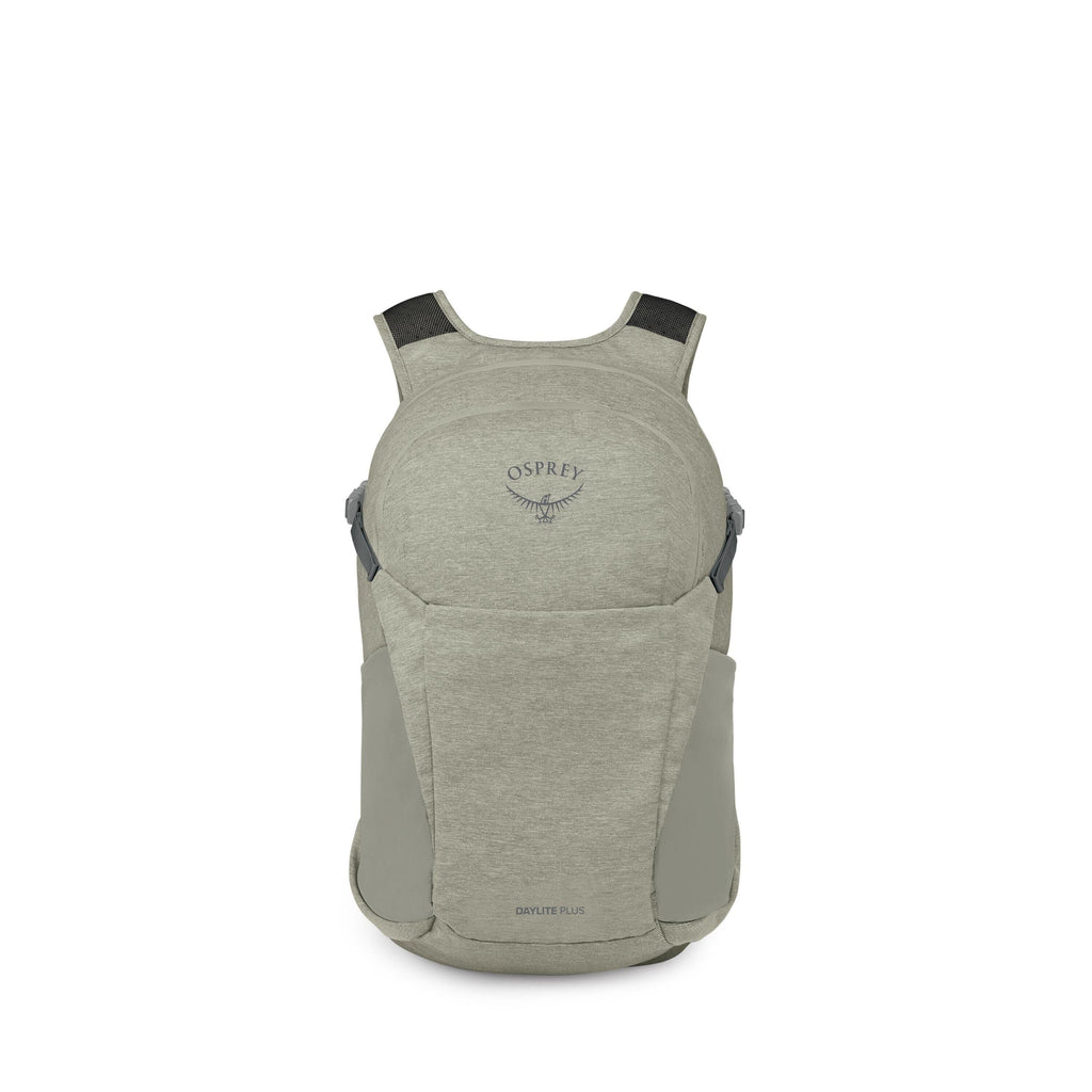 The images show a compact Osprey backpack in light sage green and gray tones. The front view highlights a smooth, minimalist design with the Osprey logo and the model name "Daylite Plus" near the bottom. Additional frames display the pack deconstructed in