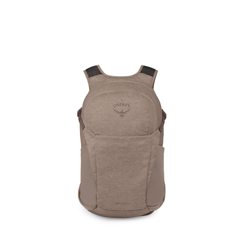 A taupe-colored Osprey Daylite Plus backpack is shown from the front against a white background. The pack has a smooth, minimalist exterior with a large front shove-it pocket and two stretch side pockets. Subtle black Osprey logo and wordmark appear on th
