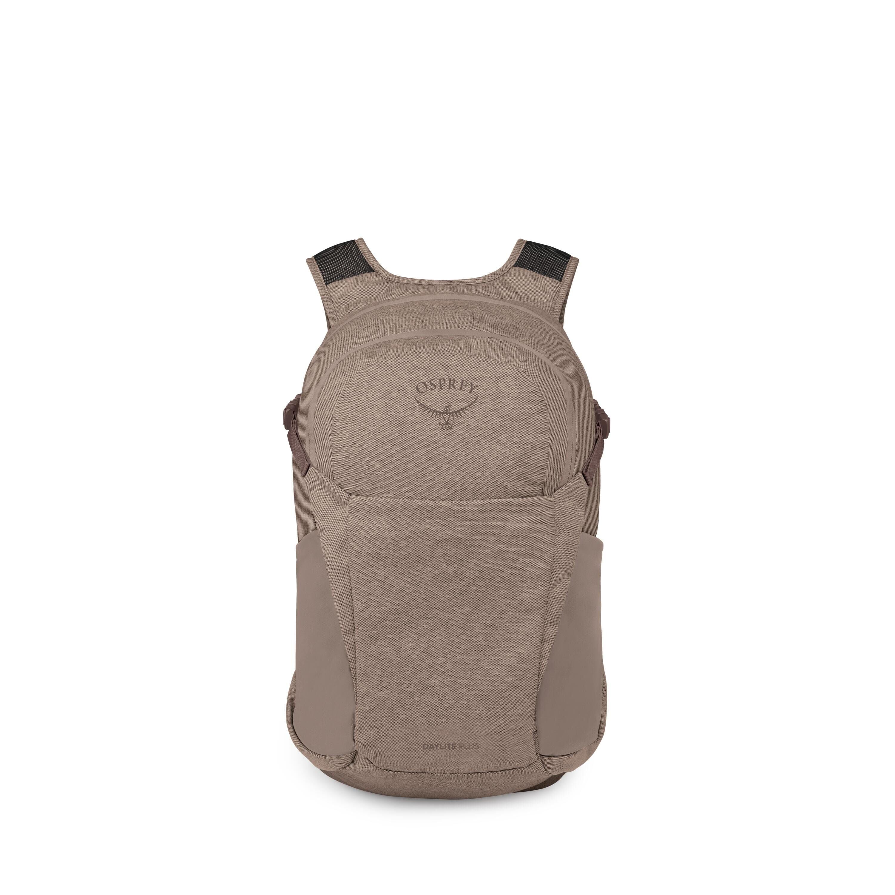 A taupe-colored Osprey Daylite Plus backpack is shown from the front against a white background. The pack has a smooth, minimalist exterior with a large front shove-it pocket and two stretch side pockets. Subtle black Osprey logo and wordmark appear on th