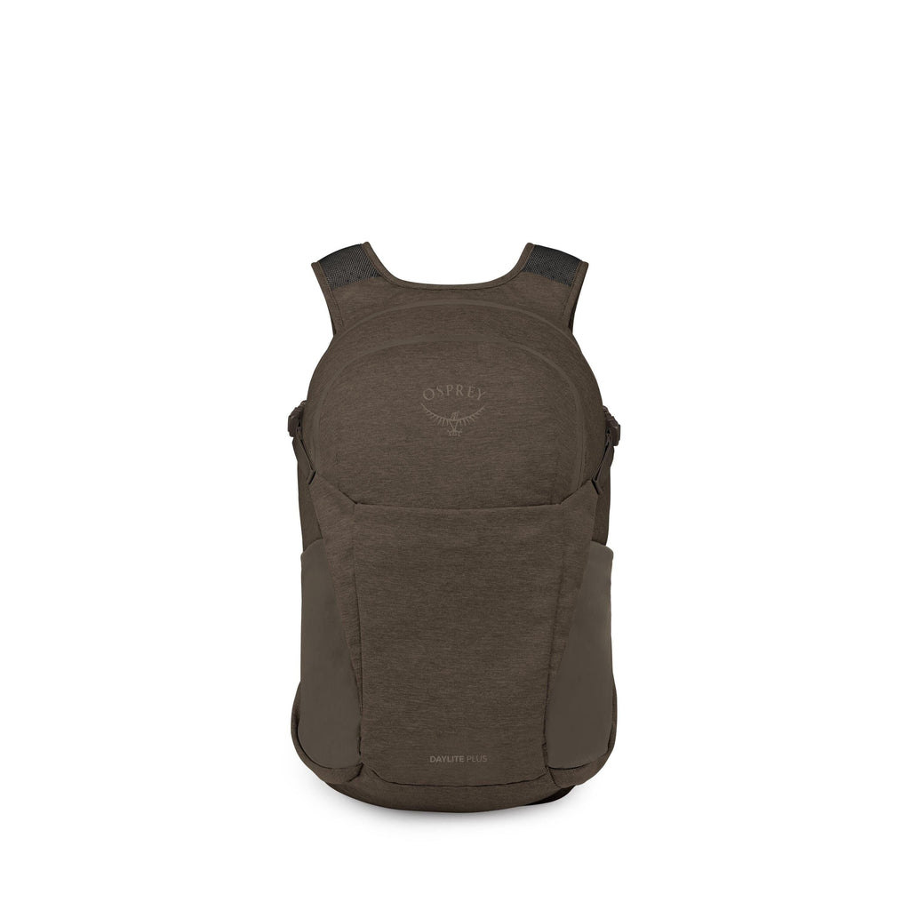 The images show a compact Osprey Daylite Plus backpack in a dark olive/charcoal color. It has a clean, rounded silhouette with a front shove-it pocket, side stretch pockets, and lightly padded shoulder straps. Several frames isolate different components,