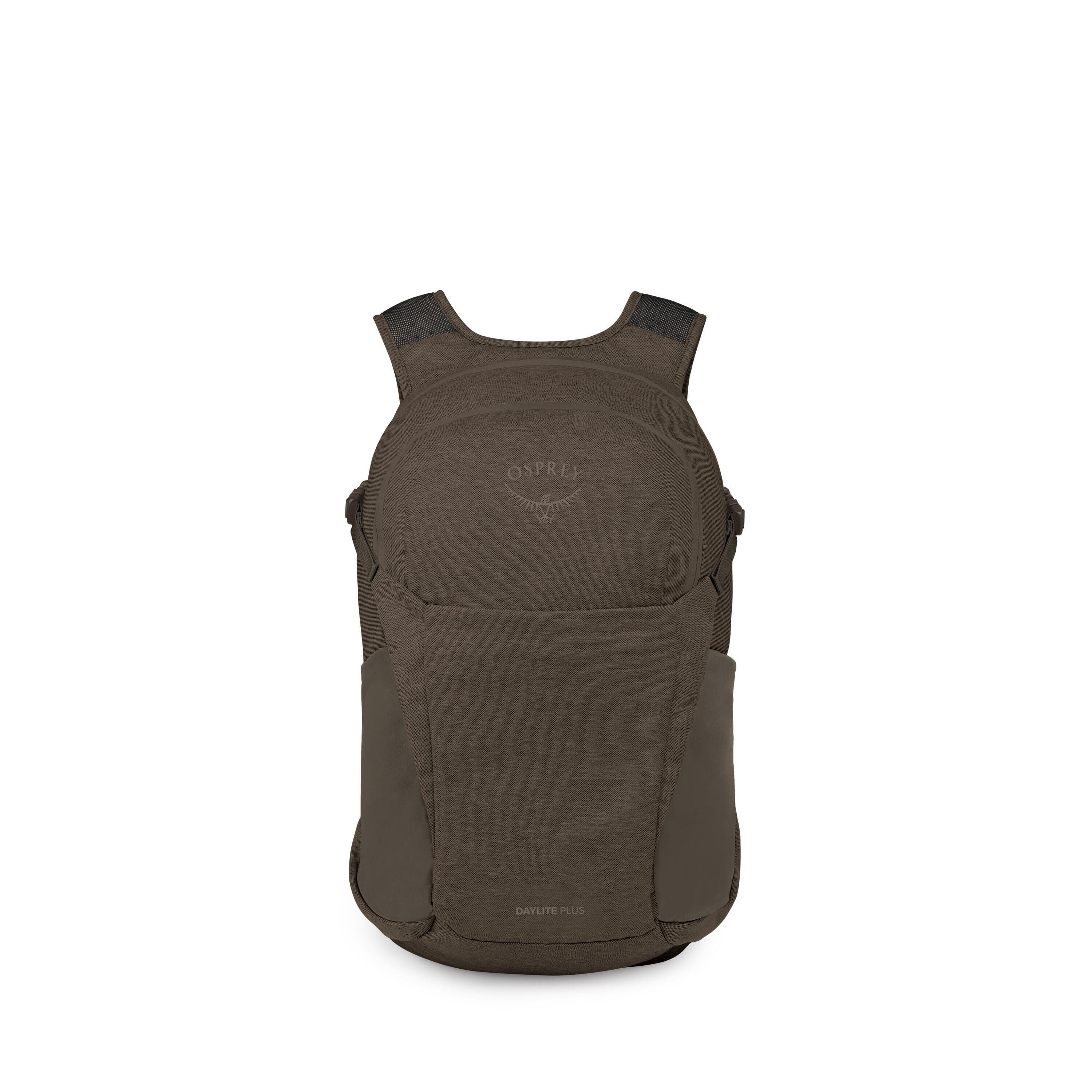 The images show a compact Osprey Daylite Plus backpack in a dark olive/charcoal color. It has a clean, rounded silhouette with a front shove-it pocket, side stretch pockets, and lightly padded shoulder straps. Several frames isolate different components,