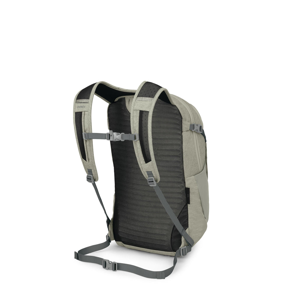The images show a light green and gray backpack viewed from the back, highlighting its harness and support system. It features padded, breathable mesh shoulder straps with an adjustable sternum strap and a ventilated mesh back panel. There are side compre