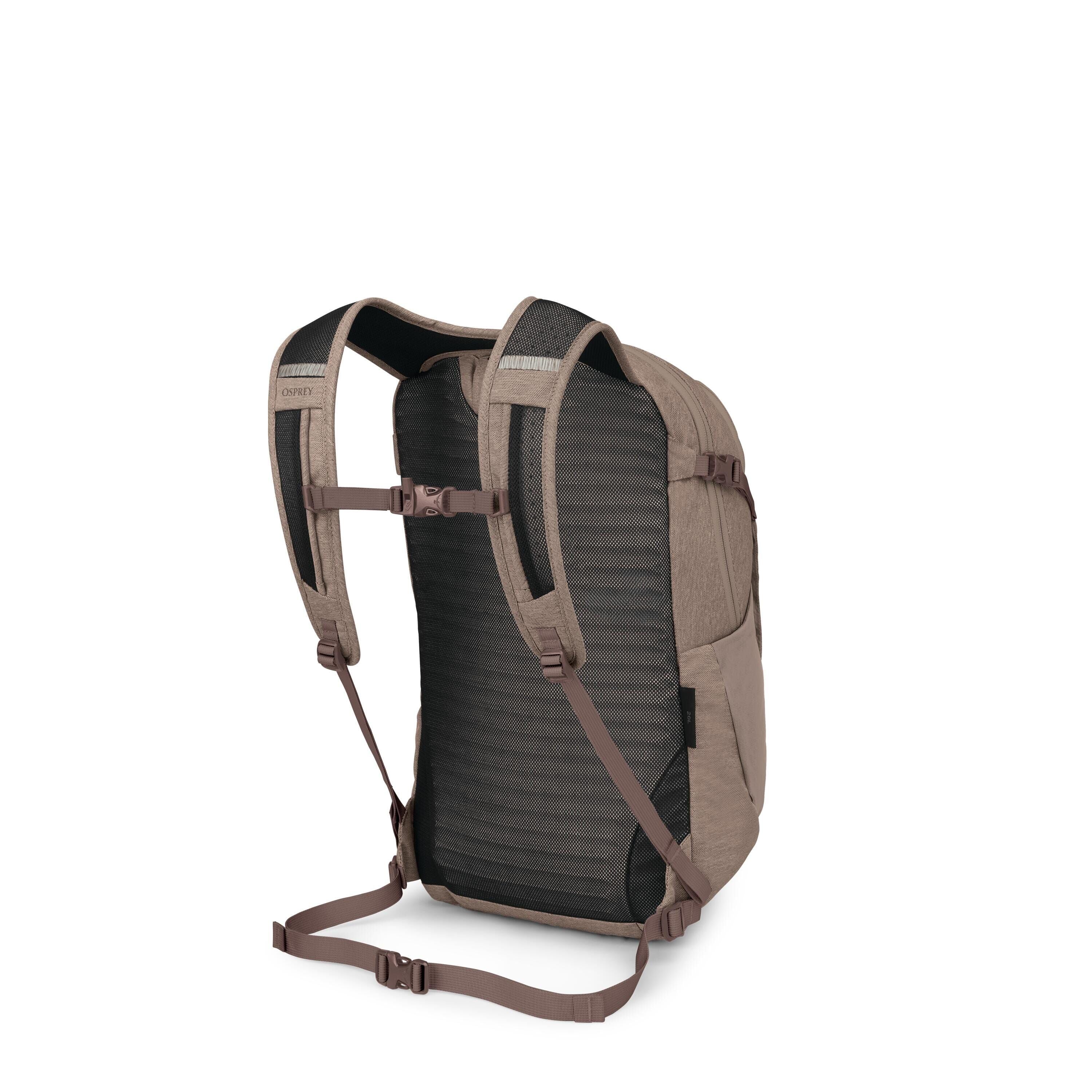 The images show the back and shoulder-strap side of a taupe/gray backpack. It features padded, mesh-covered shoulder straps with an adjustable sternum strap, plus a breathable, ribbed back panel. A slim hip/waist strap and side compression straps are visi