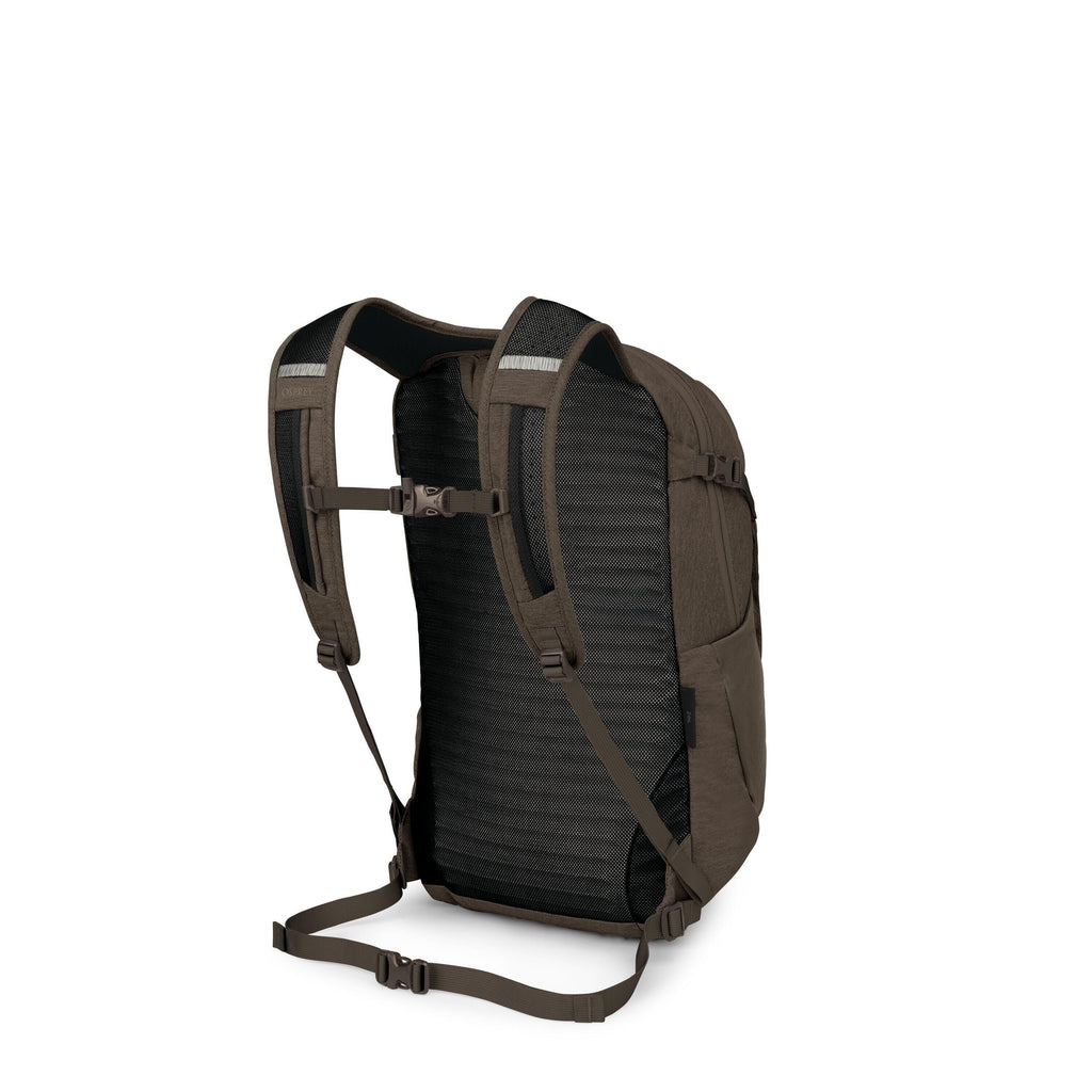 The images show a dark green/brown backpack viewed from the back, highlighting its harness system. It features padded, breathable mesh shoulder straps with a sternum strap, a ventilated back panel, and an adjustable waist/hip strap. Side compression strap