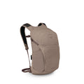 The image shows a tan Osprey Daylite Plus backpack photographed against a white background. It has a streamlined, rounded shape with a front shove-it pocket, a zippered top compartment, and elastic side pockets. Padded shoulder straps with an adjustable s
