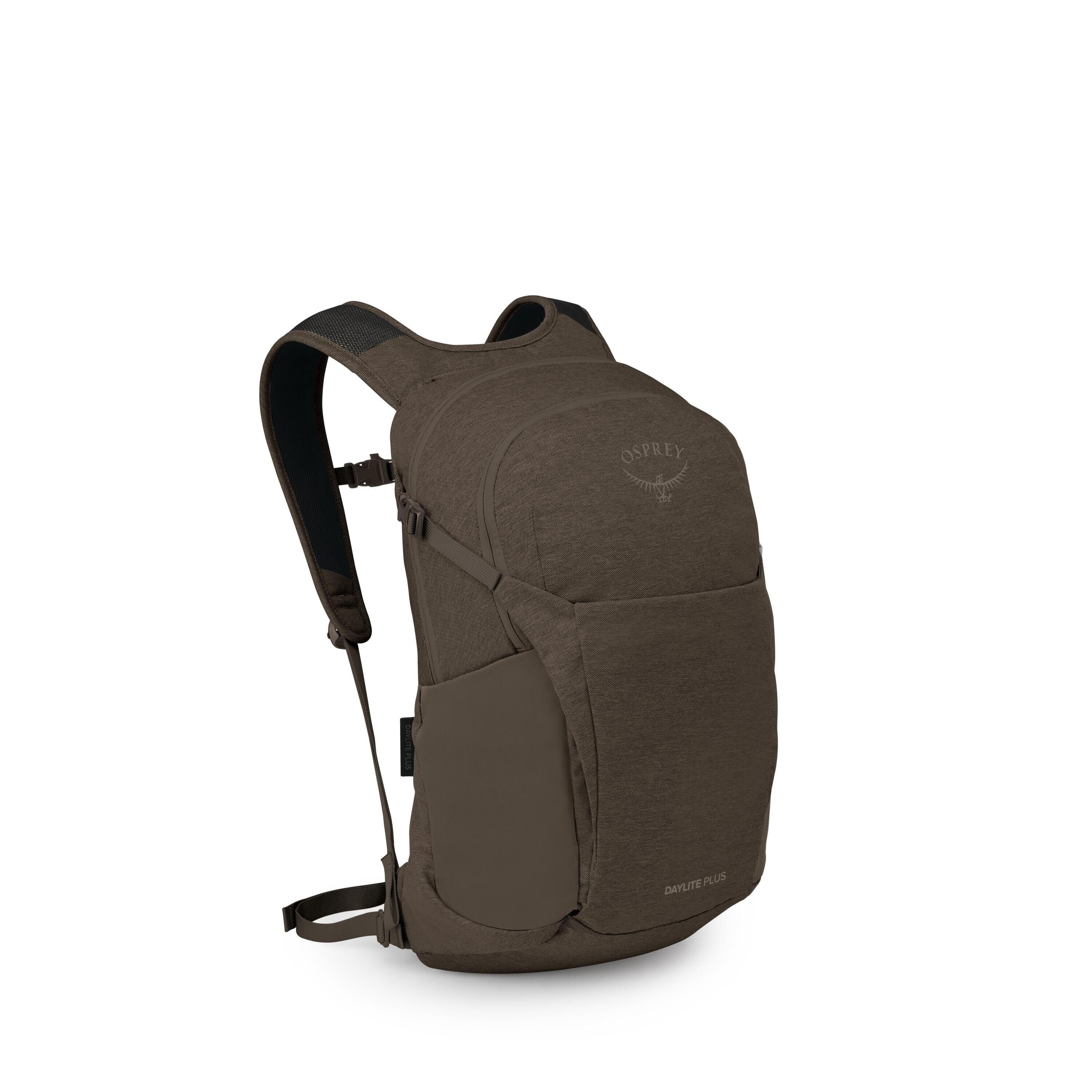 The images show a dark olive Osprey Daylite Plus backpack from various stages of a cutaway or assembly-style view. The main shot displays the full pack with contoured shoulder straps, a sternum strap, side stretch pocket, and a front shove-it pocket. Subs