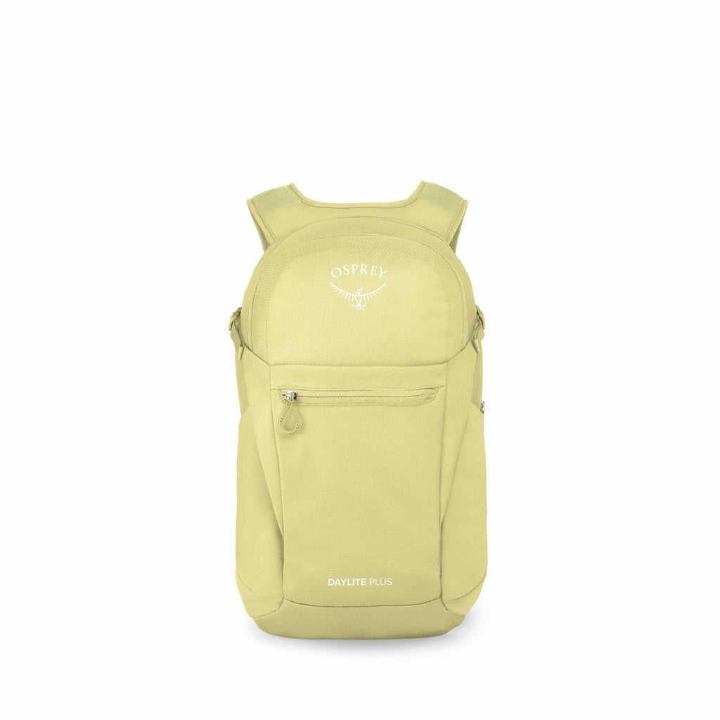 The series of images shows a disassembly sequence of a yellow Osprey Daylite Plus backpack. The first image displays the backpack in its complete form, with the Osprey logo and the text "DAYLITE PLUS" visible on the front. As the images progress, the back