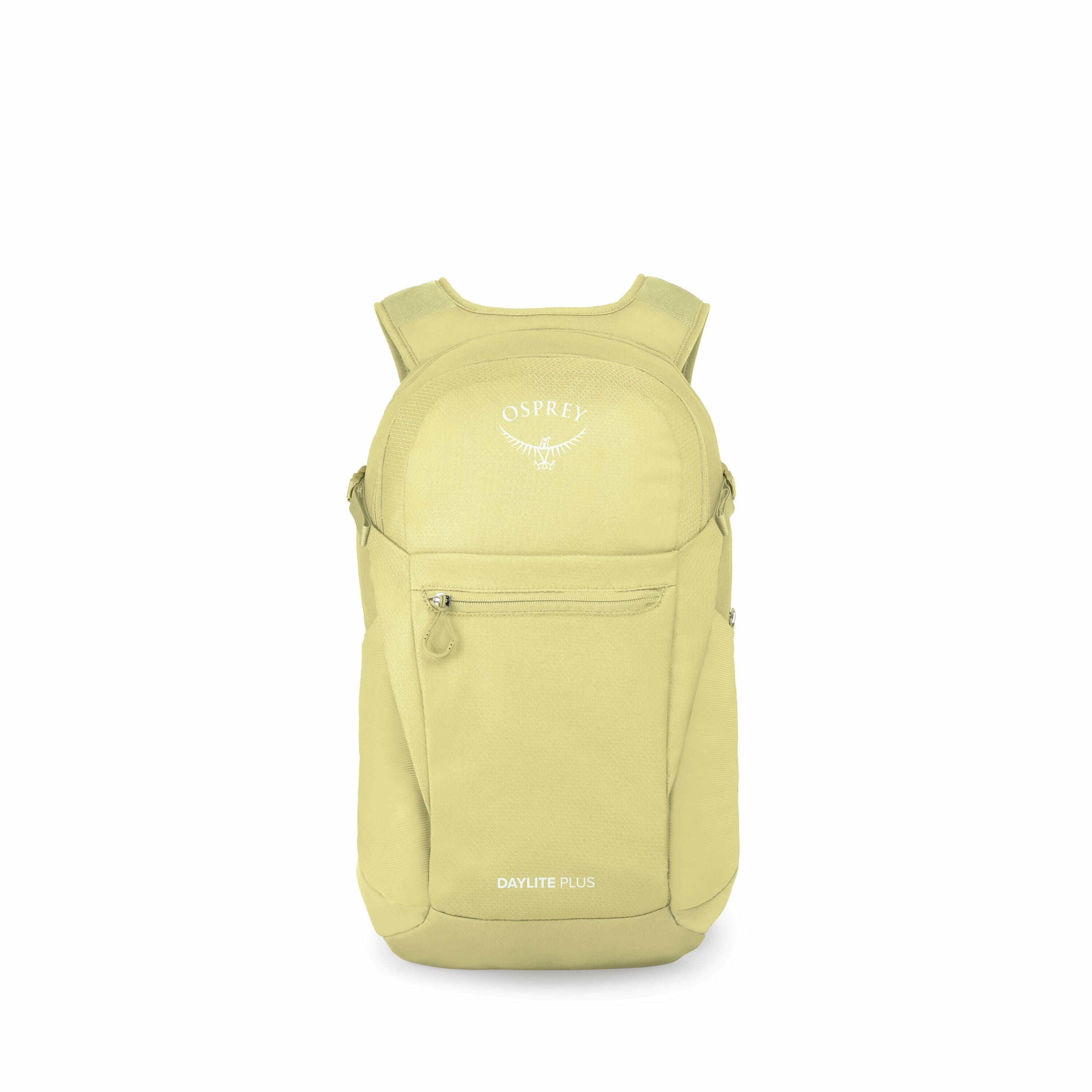 The series of images shows a disassembly sequence of a yellow Osprey Daylite Plus backpack. The first image displays the backpack in its complete form, with the Osprey logo and the text "DAYLITE PLUS" visible on the front. As the images progress, the back