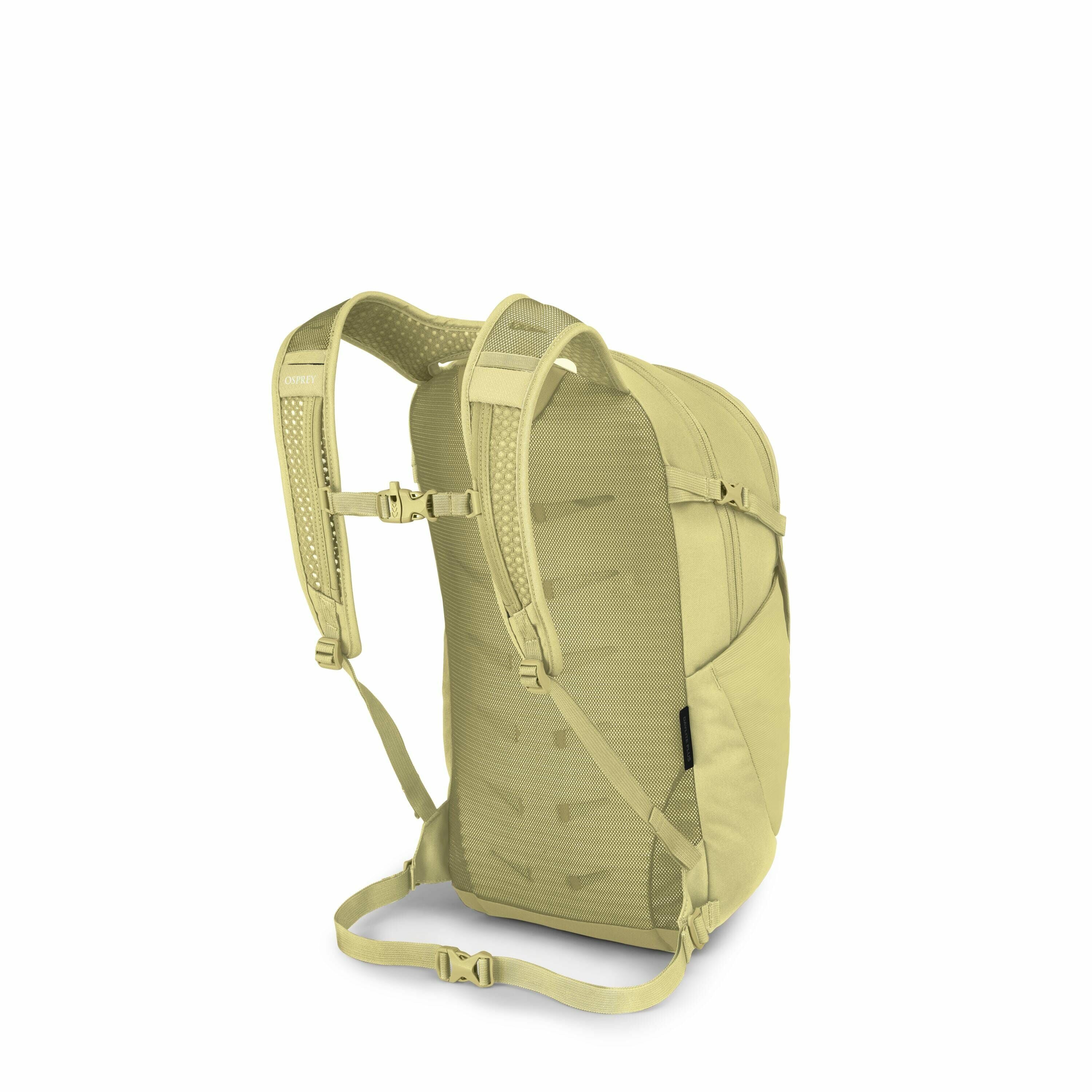 The images display various views of a khaki-colored backpack, focusing on the strap system. The backpack features adjustable shoulder straps with a sternum strap for added support and stability. Each image isolates or highlights different parts of the bac