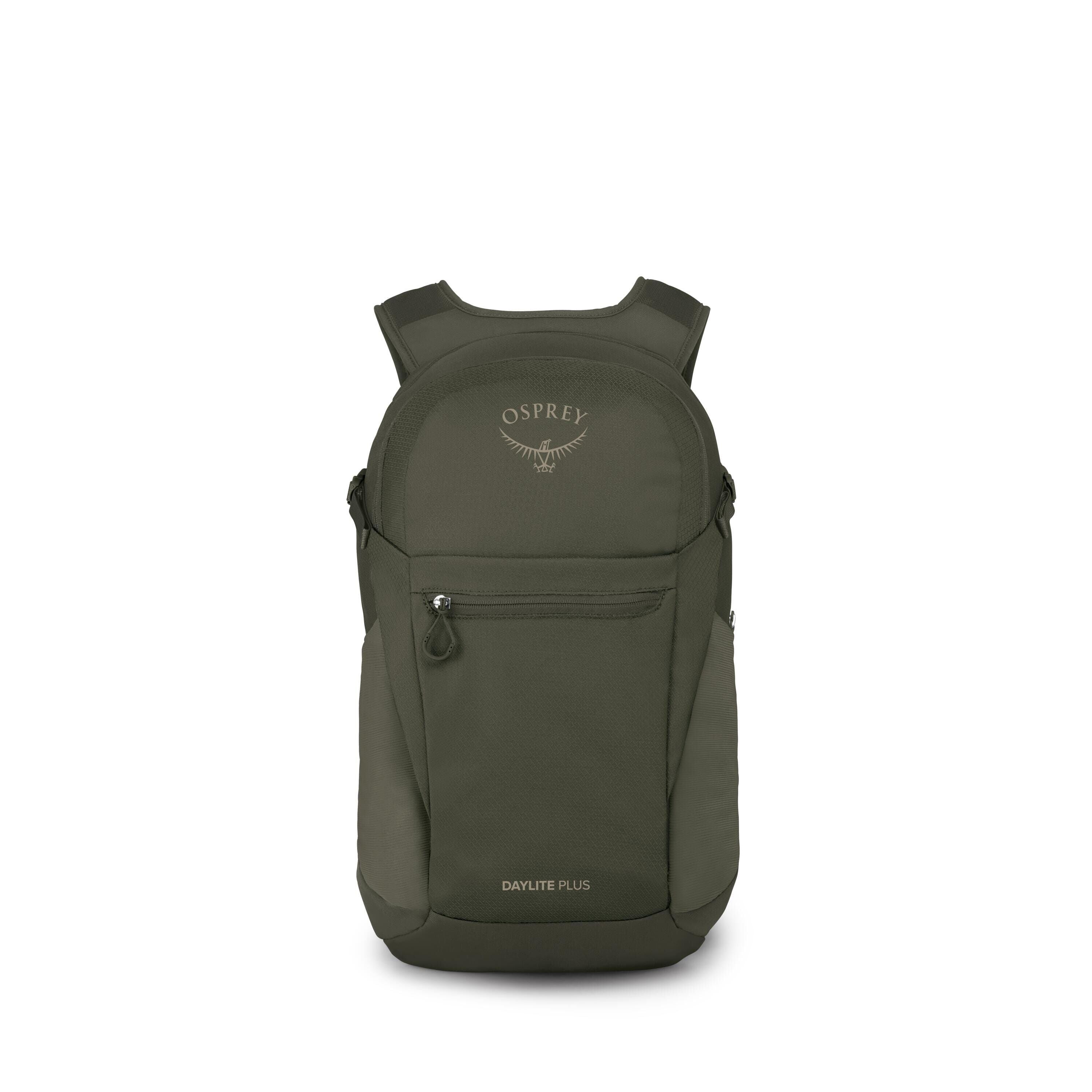 The images show an olive green Osprey Daylite Plus backpack from the front and then disassembled into its components. The main view highlights a compact daypack with a rounded top, front zip pocket with a pull loop, and side stretch panels. The Osprey log