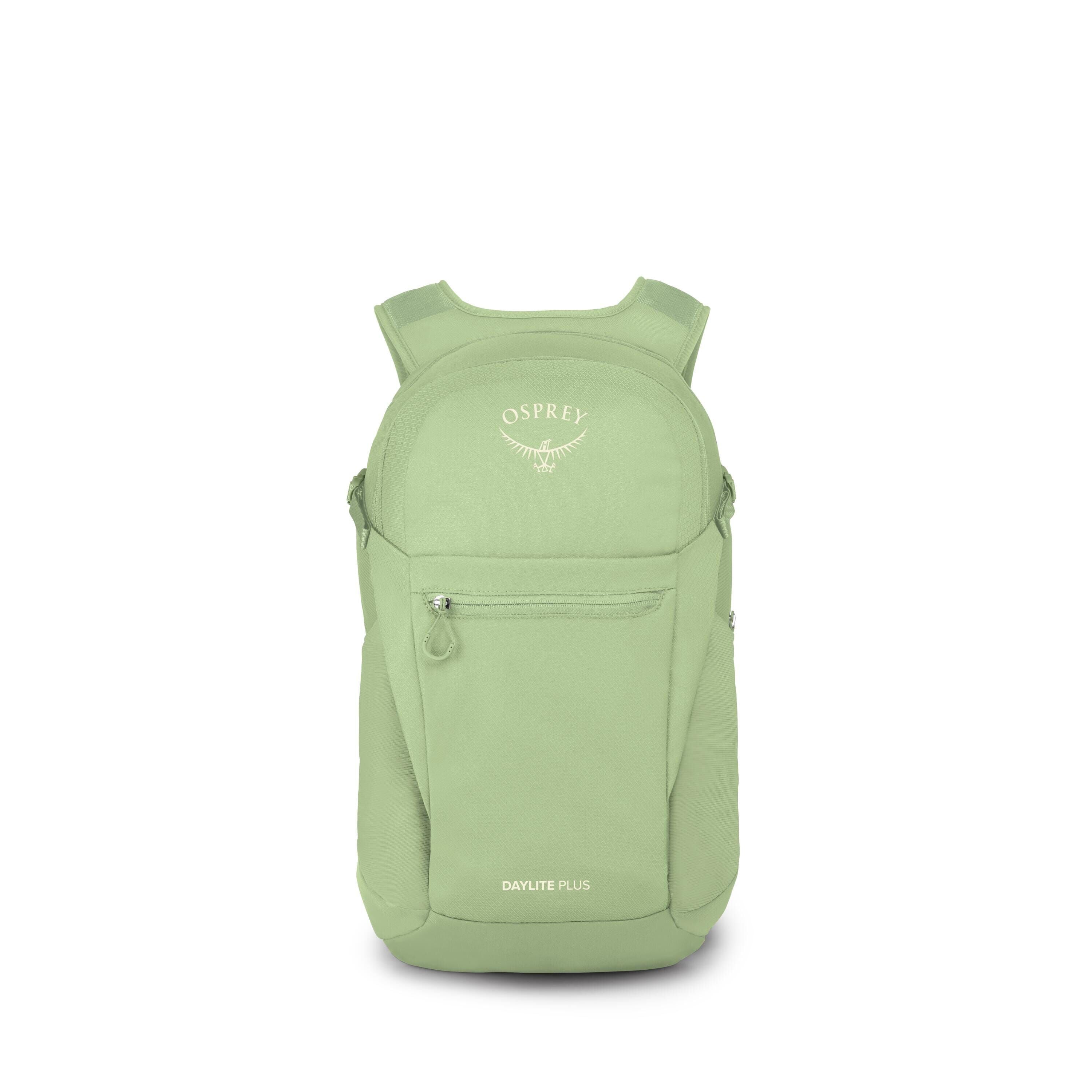 The images show a light green Osprey Daylite Plus backpack isolated on a white background. The front features a small zippered pocket and the Osprey logo near the top, with "DAYLITE PLUS" text at the bottom. Additional frames display the pack and its comp